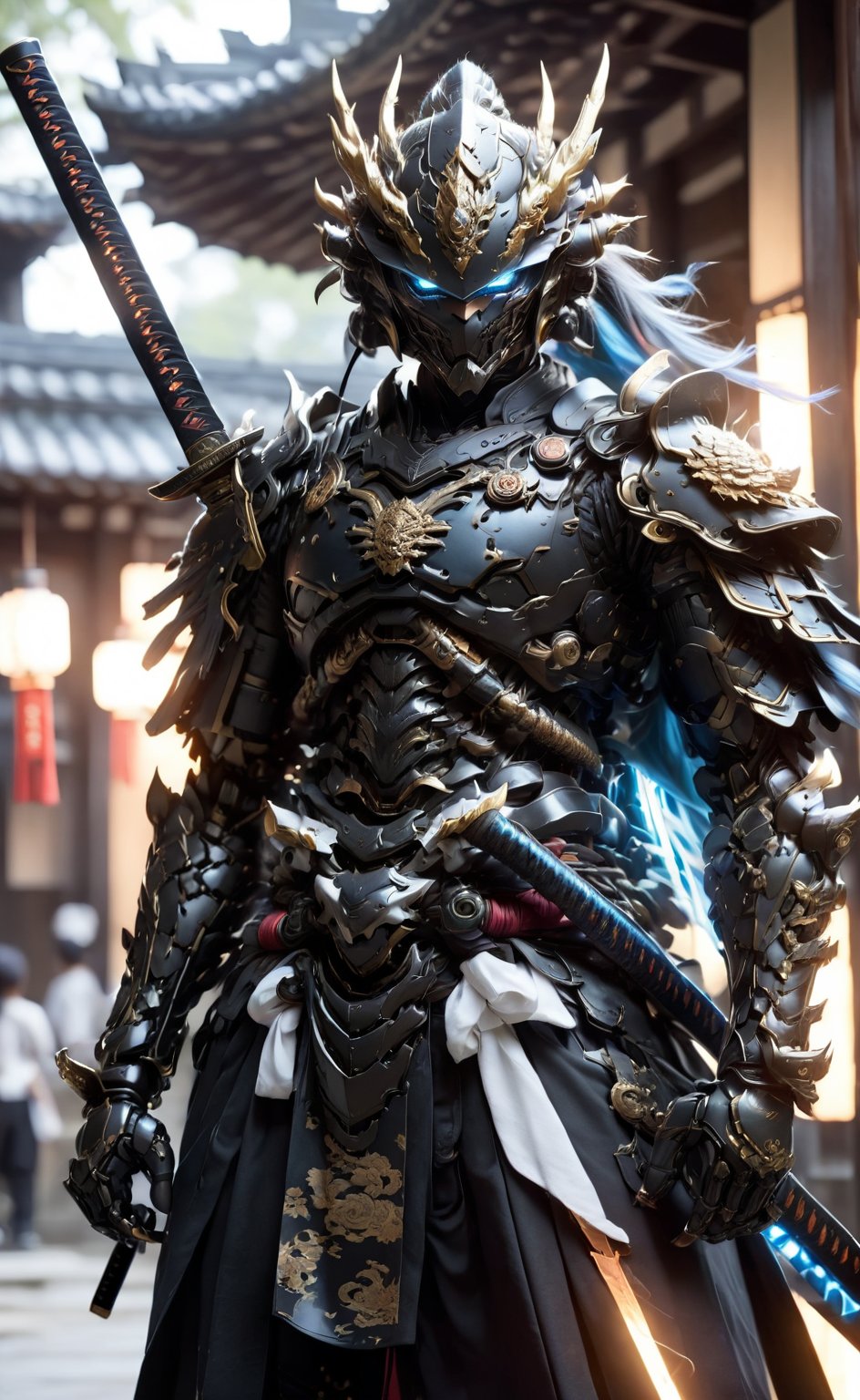 solo, holding, weapon, japanese clothes, sword, kimono, holding weapon,black armor, blurry, blurry background, glowing, holding sword, katana, helmet, (((white robot,))) blue led eye,sheath, sheathed, japanese armor, samurai,Chinese dragon aura