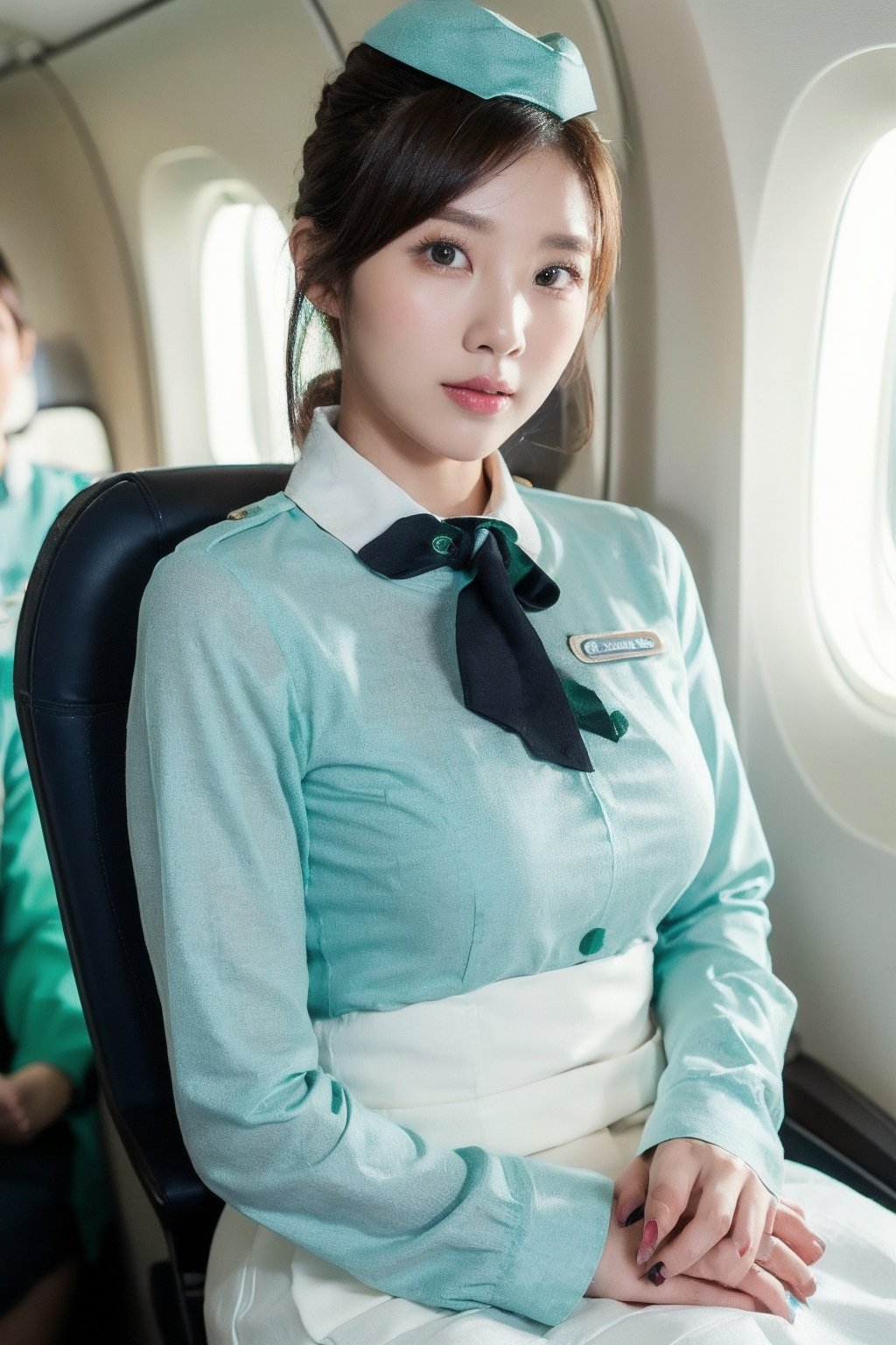 Close up to everything, 16K UHD, (life style:1.4), A french-Taiwanese beautiful Stewardess, super idol face, 24 years old, detailed face, monolid, (bun short haired:1.4), (long-sleeved turquoise green-bue stewardess shirt , white collar, off-white long skirt, black tie:1.4), laying on a plane seat, the light is very bright, spotlight, masterpiece, high quality,(she is wearing a blue-green Stewardess's side cap:1.6),wanpeng, (black pupils:1.2),Seolah,better_hands,Asia,1 girl ,Woman ,solo,imutbgtbos, (full_body shot:1.2)