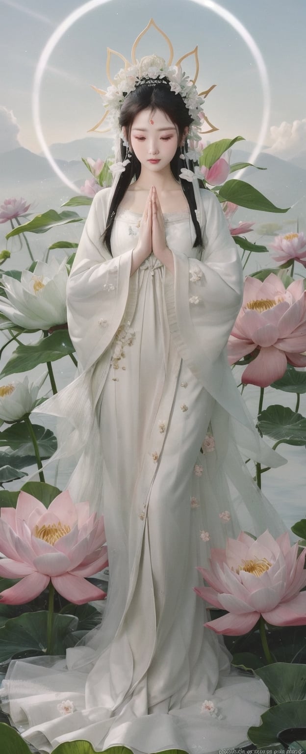 Guanyin wear white dress in heaven with magical lotus in background , Pray with both hands,bamboo leafs, half shot, miracle flares ,Young beauty spirit ,JeeSoo ,guanyin,fashion