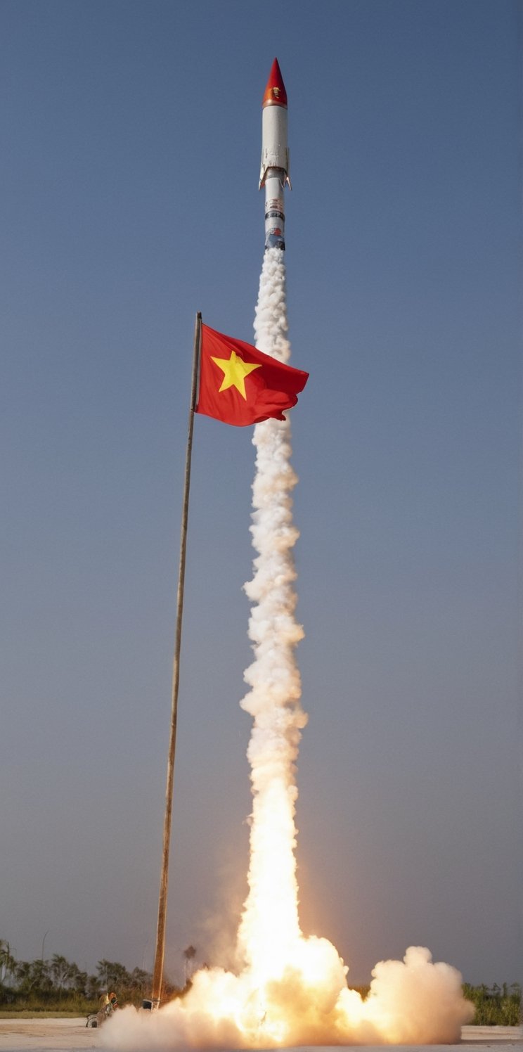 Many burning rockets rush towards the earth ,The body is painted with the image of the Vietnamese flag ,Vietnam red flag with yellow star 