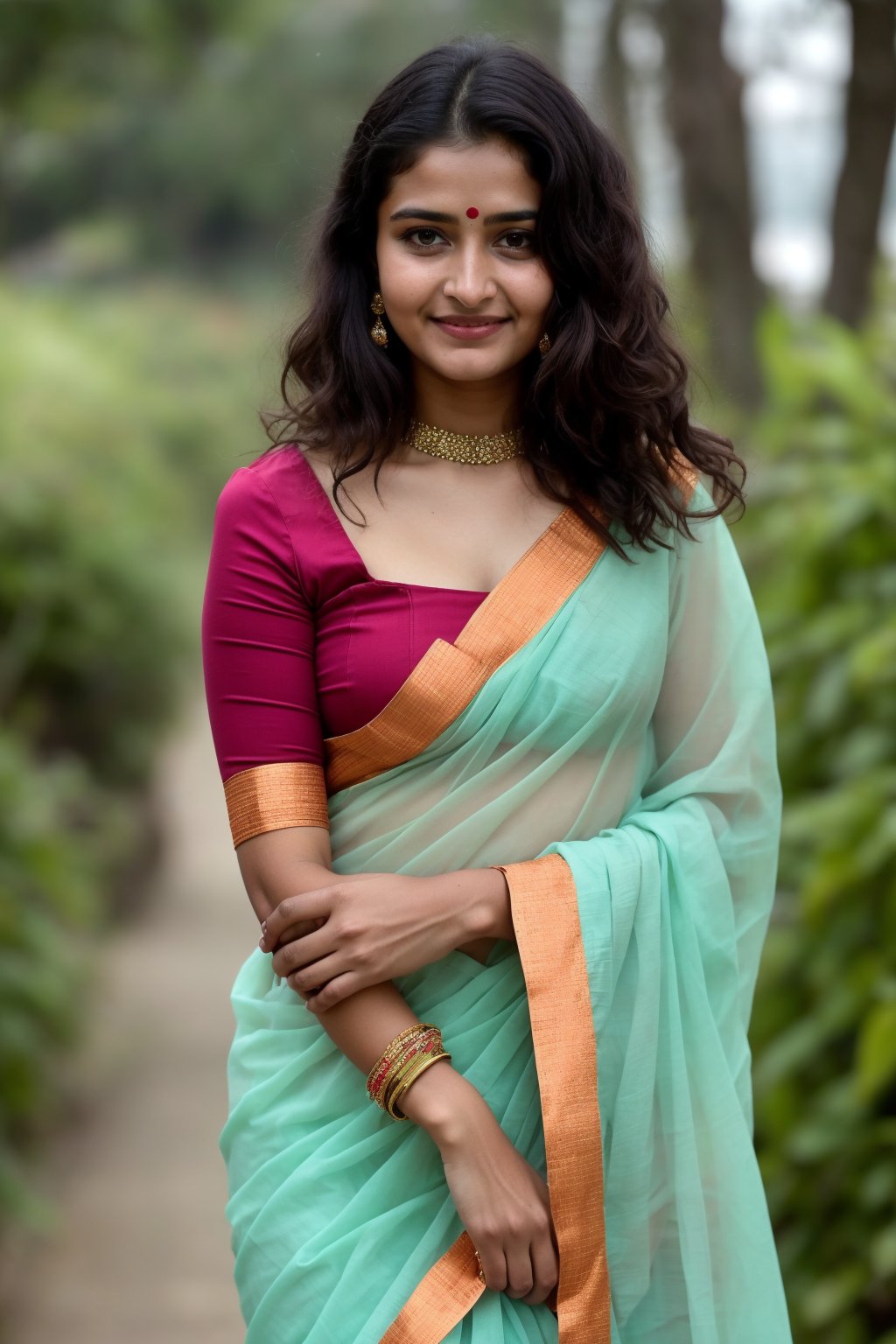 A beautiful , lovely, cute young,indian teenage girl,23 years old girl, has the face of an Indian actress,Anupama Parameswaran, round face, curly blue hair, long hair, colour hair,
Her dress Indian traditional saree with blause ,  walking 