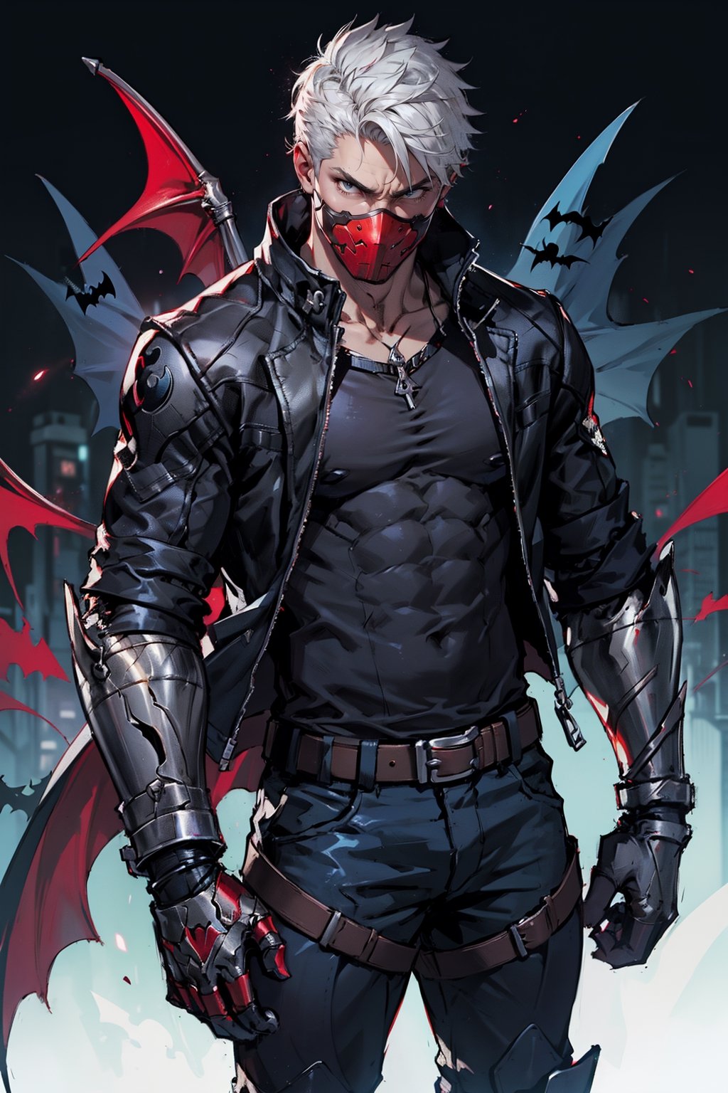 an accurate and detailed full-body shot of a male superhero character named Redon, 1male, (Red mask covering mouth:1.3), Tousled silver-white punk-rock hair, (Blue Eyes:1.2), (Stylish blue leather jacket with tactical elements), silver zippers and buckles, (Black undershirt:1.5), (right arm has a Metallic-blue cyberized gauntlet:1.4), (bare left arm:1.2),  (red arcane Bat symbol on chest:1.5), distressed leather moto pants, armored greaves, Knee guards, black combat boots, best quality, masterpiece, 4K, nero, rhdc, a man, gray skintight suit, gloves, belt, boots, red helmet, brown leather jacket