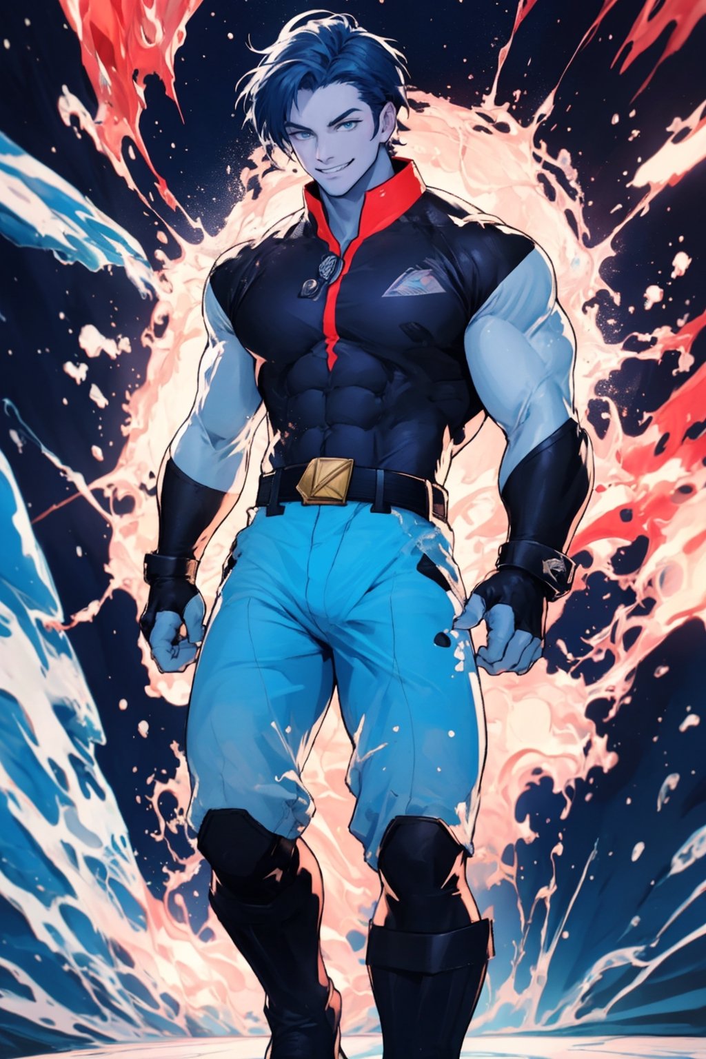 4K UHD illustration, upscaled professional drawing HDR, sexy handsome Man,perfect pectoral, real life, yellow circle logo the chest (:1.9) form fitting irridecent blue (full length) bodysuit (:1.9) detailed black belt, red shorts (:1.9) red hero boots, full-body_portrait (:1.9) vibrant green stylized short hair (:1.9), intense blue eyes (:1.9) perfect anatomy,  detailed muscular arms, smirking smile,  eyebrows,  blue tined skin, standing,  looking-into-camera,  dynamic cosmos backdrop (:1.9) vibrant,  300dpi,  upscaled 8K,  masterpiece (:1.9) perfect anatomy,  perfect hands, finest quality art ,blue skin, captain planet (:1.9) ,waterdress