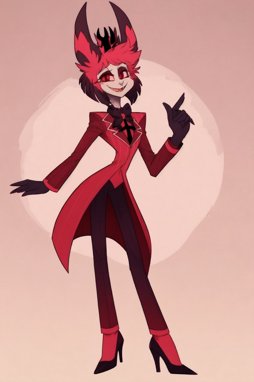 ((masterpiece, best quality)), 1boy, lucifer, full suit, cheeks, smile, thin, high heels, gloves, top hat, full body