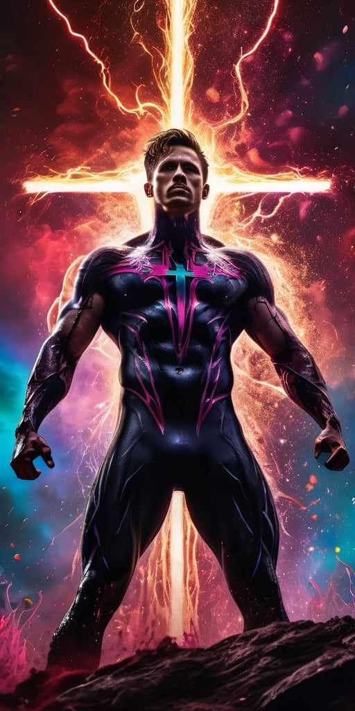 A muscular man with short, messy hair, wearing a venom costume, stands in the middle of a dark, nebula-filled landscape. His body is covered in black bloody veins that grow and intertwine out of the darkness, oozing thick neon rainbow blood. The man's eyes are closed, and he appears to be in a deep, dreamlike state. The scene is lit by a cinematic, film light, bathing in light, with a very sharp focus and high contrast. The background is atmospheric, surreal, and maroon cream bronze, with a high resolution, vibrant, and 8k quality. The man's body is hyper detailed and hyper realistic, with a spiritual and surrealistic feel. The scene is reminiscent of a fighting video game, with dynamic, vibrant, action-packed character design, and a disturbing and surrealistic atmosphere. The man's body is surrounded by sparks, lens flare, rim lighting, backlighting, RTX, and post-processing effects, with a satanic cross in the background. The man's body is floating into the abyssal