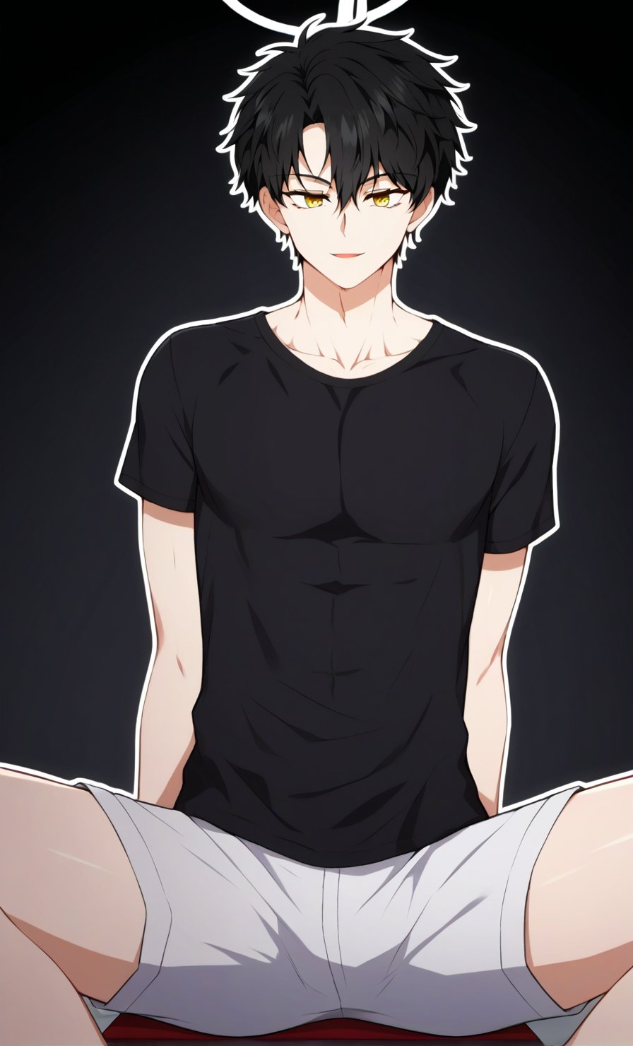 ((masterpiece)), ((best quality)), ((ultra-detailed)), score_9, score_8_up, score_7_up, HD, top quality, best quality, High-quality illustrations, masterpiece, Expressiveh, 1boy, solo, male focus, Anime, male anime character, anime boy,black t-shirt,white shorts,looking at viewer,simple_background,black background,outline,(white outline),smile,spread legs,carlian aslan,black hair,short hair,yellow eyes,bangs.