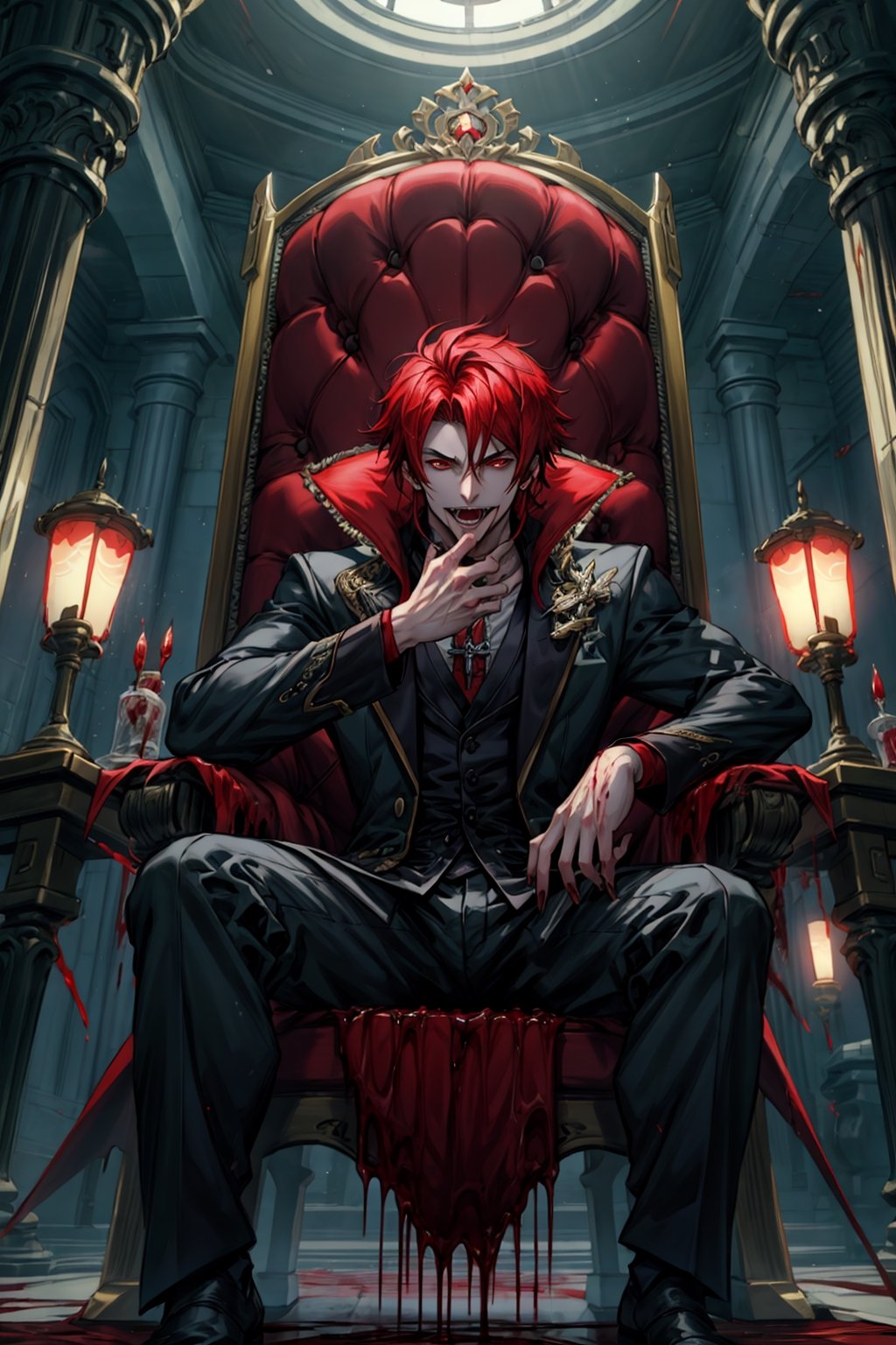 masterpiece,best quality,highly detailed character,8k,high quality, artwork,male feature,man with crimson red hair, red eyes, similar to Diluc Ragvindr from GENSHIN,in a room like a castle, sitting on a throne with his thoughts crossed, with his mouth open and vampire fangs from which blood drips ,1boy,Vampirism