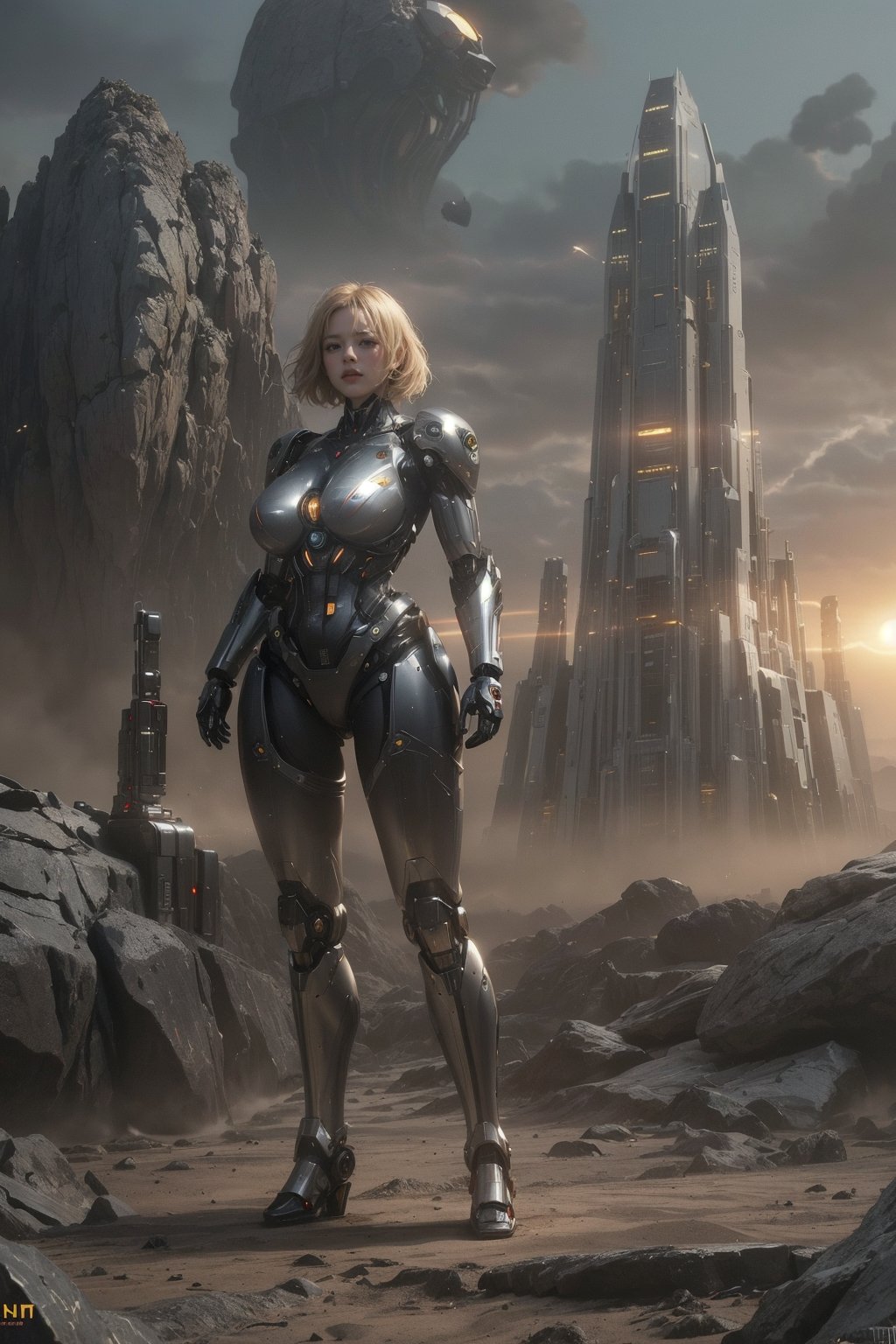 (science_fiction, sci_fi, cybertech), (sharp focus, atmospheric particles, flares, bokeh), angry girl, (Emma Stone, Tilda Swinton:1.1), (blonde, short messy hair), (huge breasts cleavage:1.2), (wide hips, thick thigh gap, cameltoe:1.3), (meca, mecha, futuristic armor, cybersuit:1.3), (space station:0), (alien planet, strange weird rock formations, desert:1.3), (direct lighting, dark, night:1.2), (NSFW, hentai, porn:0.7), (sitting on the ground, legs spread:1.2), 