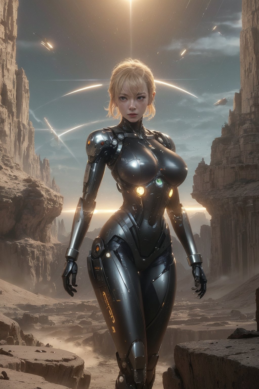 (science_fiction, sci_fi, cybertech), (sharp focus, atmospheric particles, flares, bokeh:1.1), angry girl, (Emma Stone, Tilda Swinton:1.2), (blonde, short messy hair), (huge breasts cleavage:1.2), (wide hips, thick thigh gap, cameltoe:1.3), (meca, mecha, futuristic armor, cybersuit, spacesuit:1.2), (space station:0), (alien planet, weird rock formations, desert:1.3), (direct lighting, dark, night:1.2), (NSFW, hentai, porn:0.6), (cyborg, robot:1.3)