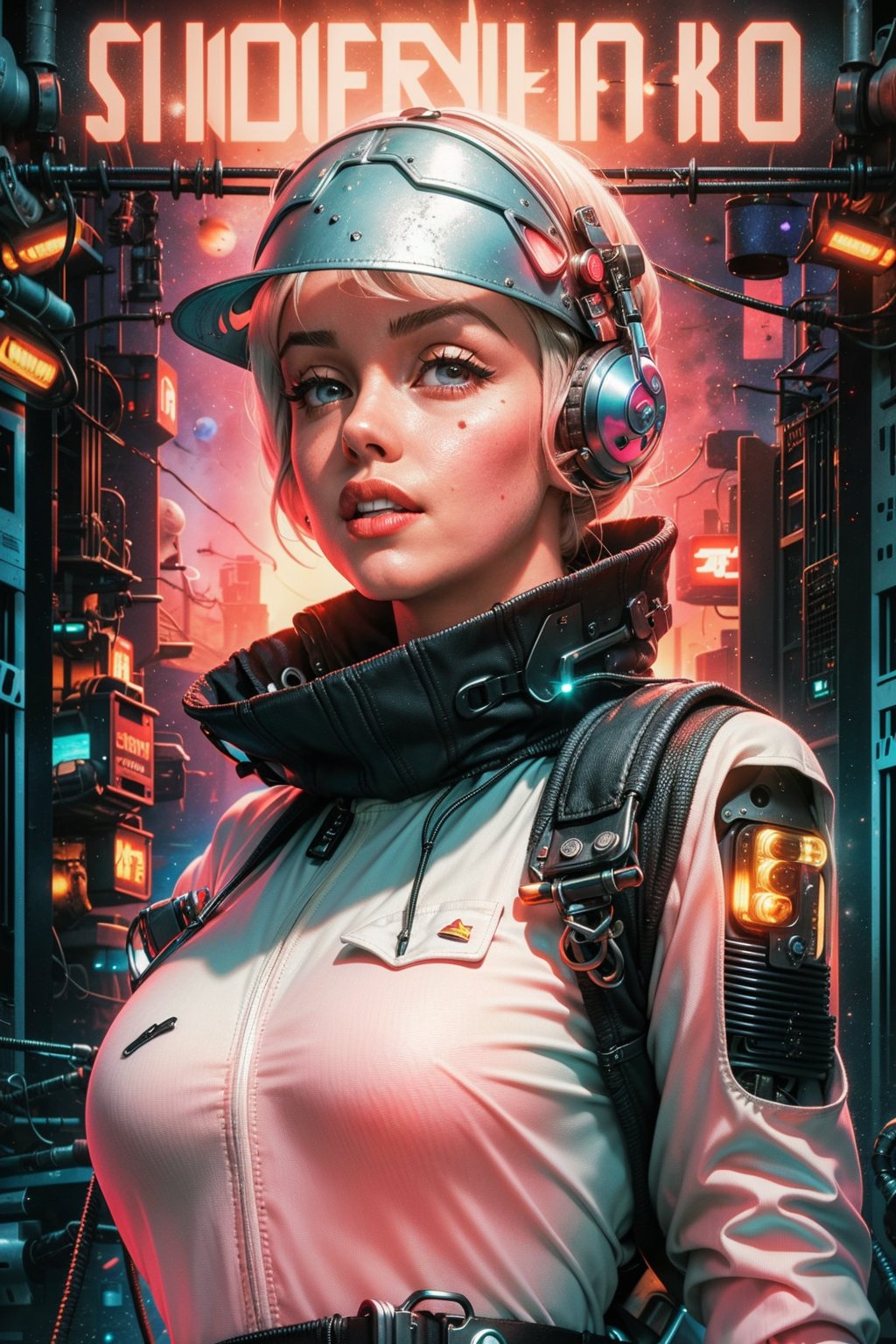 (very sharp focus, bokeh), (Marilyn Monroe), (grey eyes, beautiful detailed eyes), (portrait, cowboy shot), (solo, 1_girl), cyberpunk, neon lights, (white hair), (big fleshy lips:1.4), reddened cheeks, birthmarks:0.5, (huge breasts:1.2), navel, (narrow chest, thin waist, wide hips, thick thigh gap, cameltoe:1.3), (casual pink tank top, crop top:1.3), (white pants, low waist, visible thong, g-string:1.2), (space suit, cyber armor, futuristic clothes:1.3), (dark, night:1.1), (robotic dump, junkyard, metal scraps, wire, cables, fence:1.3), (propaganda poster, plakat, futurism, portrait:1.3)