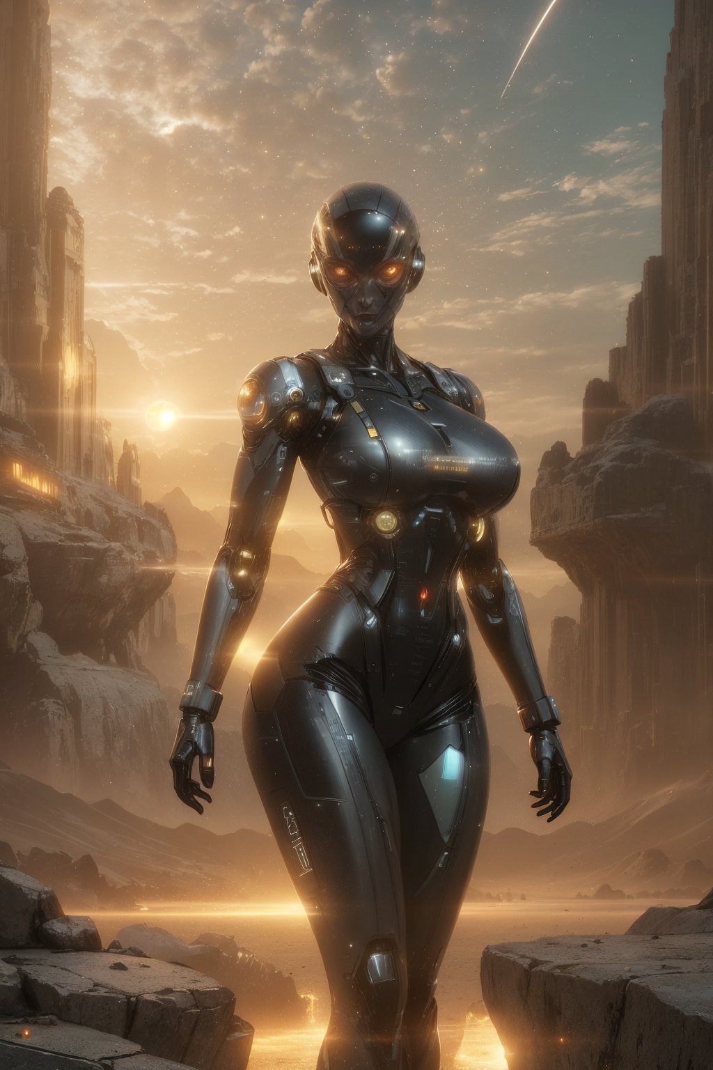 (science_fiction, sci_fi, cybertech), (sharp focus, atmospheric particles, flares, bokeh:1.1), angry girl, (Emma Stone, Tilda Swinton:1.2), (blonde, short messy hair), (huge breasts cleavage:1.2), (wide hips, thick thigh gap, cameltoe:1.3), (meca, mecha, futuristic armor, cybersuit, spacesuit:1.2), (space station:0), (alien planet, weird rock formations, desert:1.3), (direct lighting, dark, night:1.2), (NSFW, hentai, porn:0.6), (cyborg, robot:1.3)