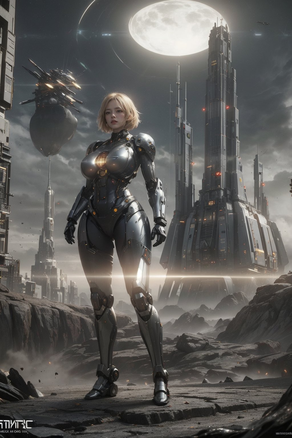 (science_fiction, sci_fi, cybertech), (sharp focus, atmospheric particles, flares, bokeh), angry girl, (Emma Stone, Tilda Swinton:1.1), (blonde, short messy hair), (huge breasts cleavage:1.2), (wide hips, thick thigh gap, cameltoe:1.3), (meca, mecha, futuristic armor, cybersuit:1.3), (space station:0), (alien planet, strange weird rock formations, desert:1.3), (direct lighting, dark, night:1.2), (NSFW, hentai, porn:0.7), (sitting on the ground, legs spread:1.2), 