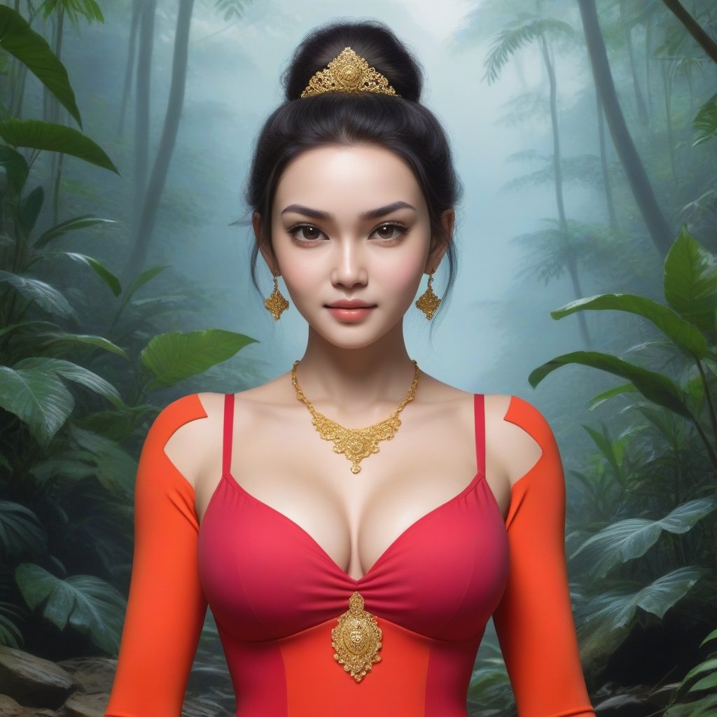 made a hyper realistic photo of the entire body of a beautiful Indonesian warrior woman from the Majapahit royal dynasty, wearing a small gold necklace like a queen, wearing a red kemben (camisole), long black hair in a small bun on top of her head, doing floating meditation, emitting energy from everything all over her body , unreal machine 5, absurd, volumetric mixed color stripes blue red white lighting all over his body, eyes to the camera, rainforest background