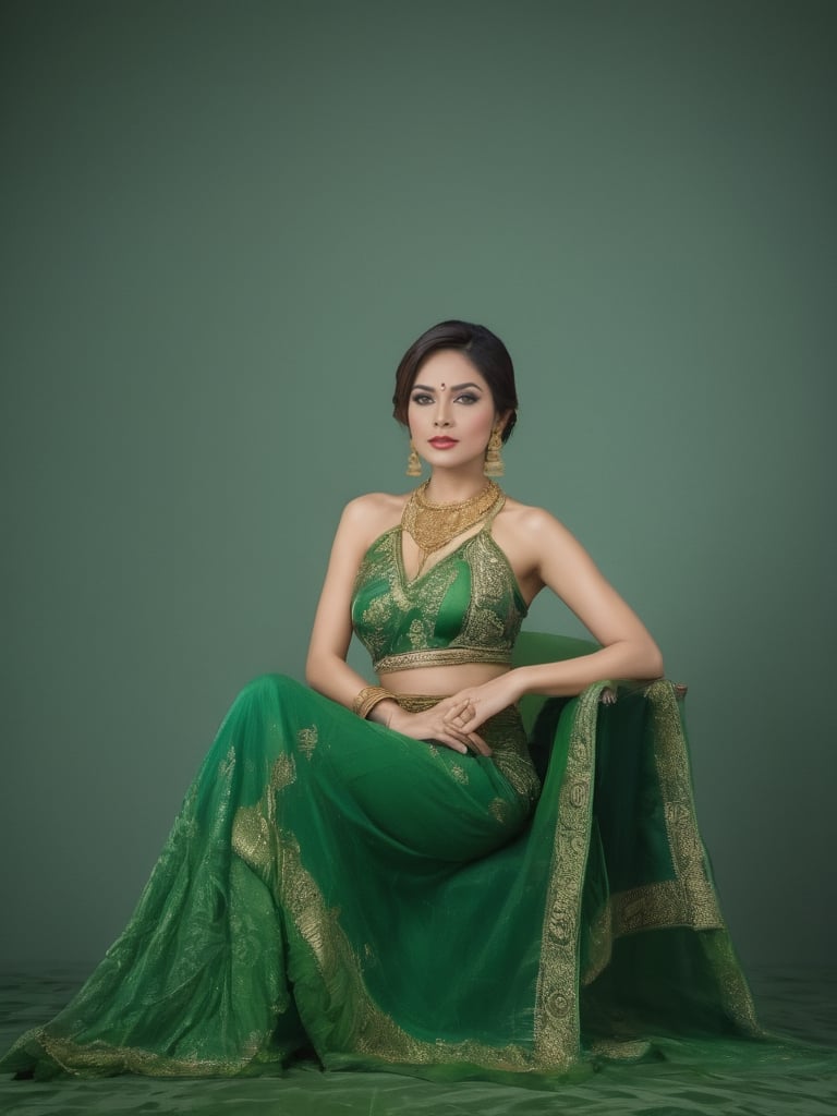 arafed woman in green dress sitting on a chair with a green cloth, sukhothai costume, tai costume, gracefully belly dancing pose, dramatic magic floating pose, portrait of modern darna, dramatic floating pose, portrait shot, wearing elaborate green and gold, dramatic elegant pose, modeling photography, wearin