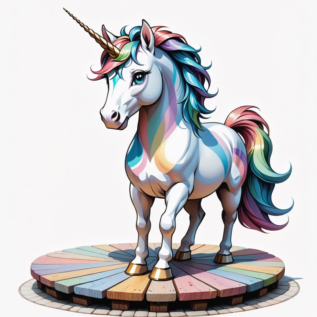 Unicorn portrait standing on wooden planks on round stone pavement, close shot (CS), standing, looking straight, | (white background: 1.2), simple background | Medieval, pastel mute color, digital art, 8K resolution, super-quality, watercolor, fashionable in art stations, complex details, very detailed, Greg Rutkowski