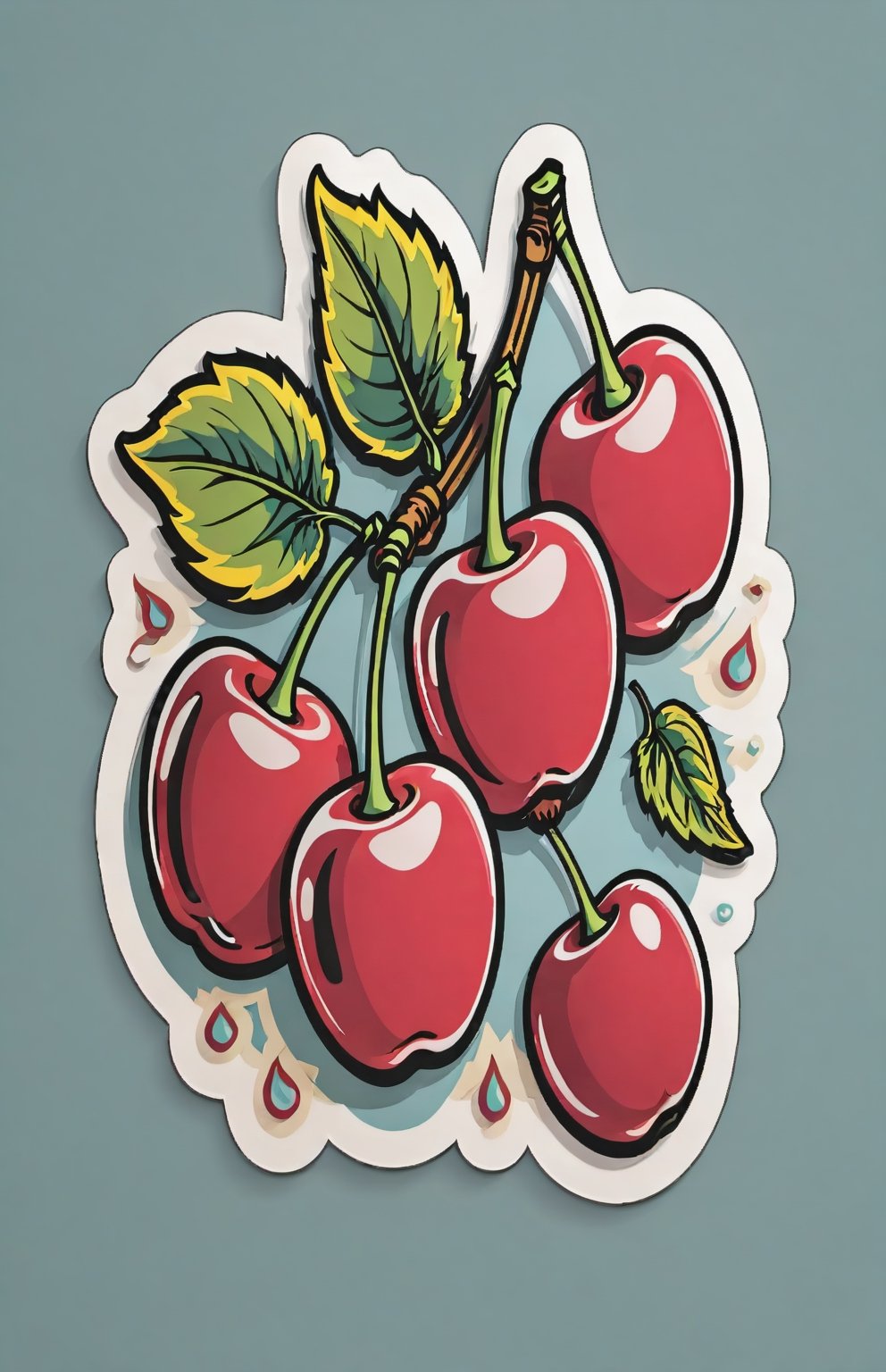 Cherry, detailed retro floating vector stickers, drop shadows, vibrant, posters, illustrations