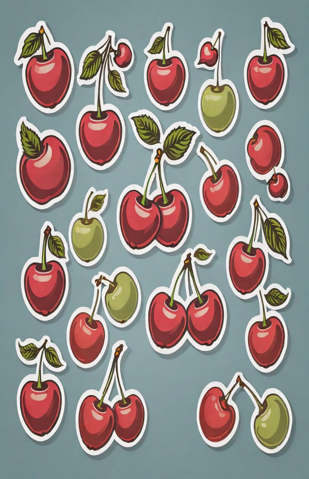 Cherry, detailed retro floating vector stickers, drop shadows, vibrant, posters, illustrations