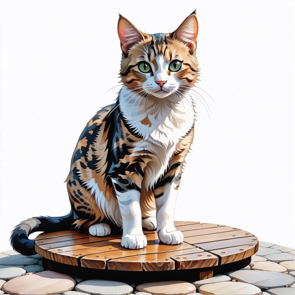 Portrait of a cat standing on a wooden board on a round stone pavement, close shot (CS), standing, looking straight, | (white background: 1.2), simple background | Medieval, pastel mute color, digital art, 8K resolution, super-quality, watercolor, fashionable in art stations, complex details, very detailed, Greg Rutkowski