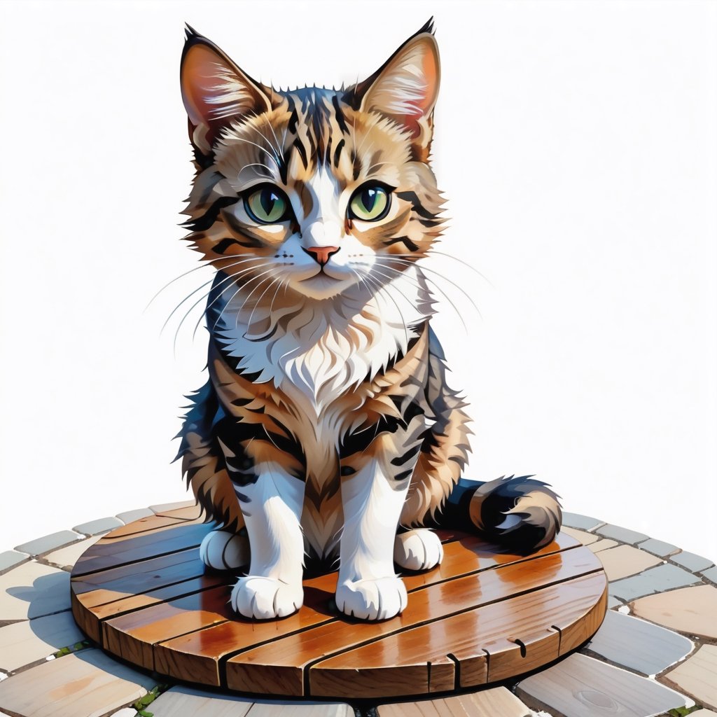 Portrait of a cat standing on a wooden board on a round stone pavement, close shot (CS), standing, looking straight, | (white background: 1.2), simple background | Medieval, pastel mute color, digital art, 8K resolution, super-quality, watercolor, fashionable in art stations, complex details, very detailed, Greg Rutkowski