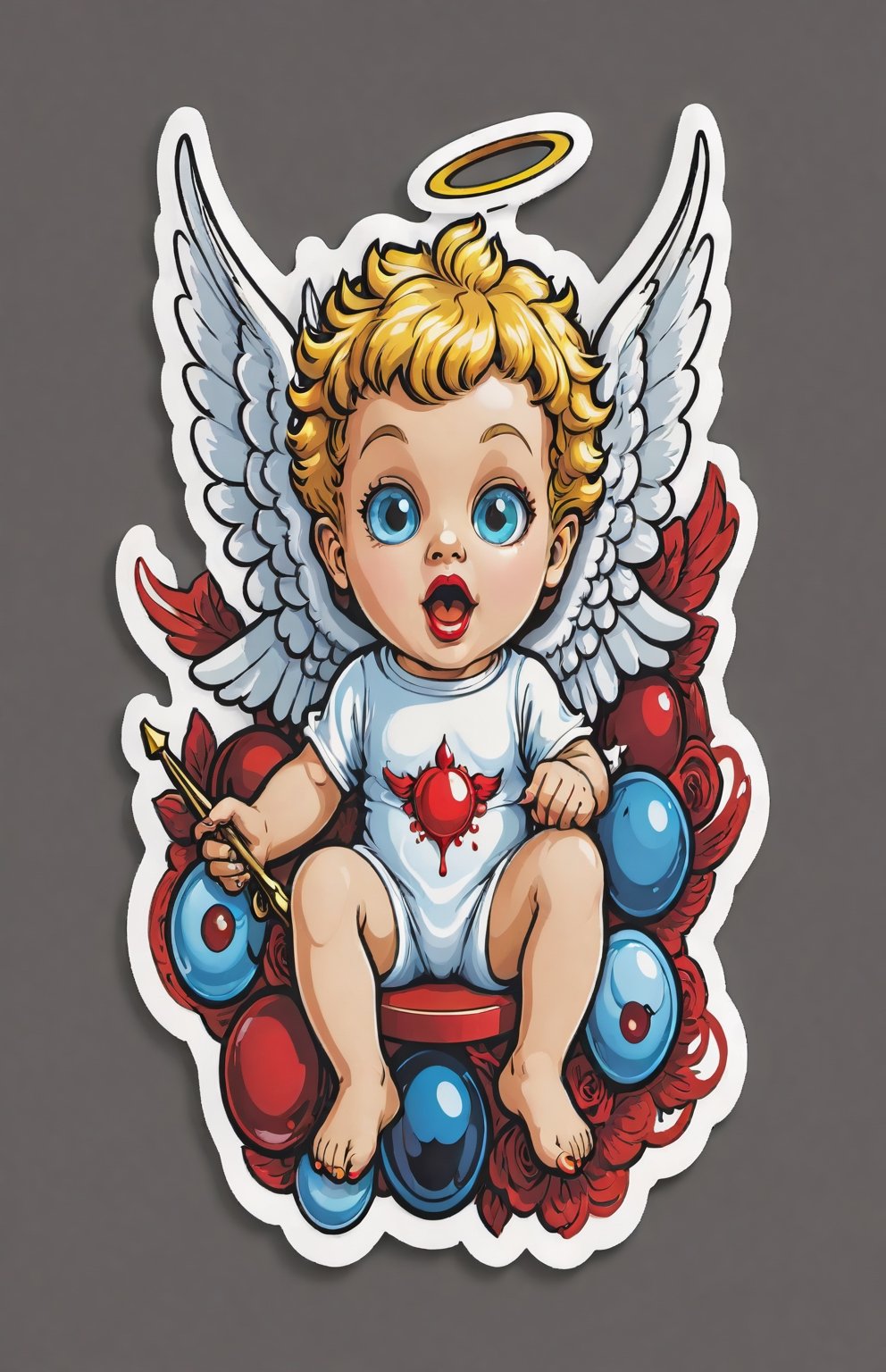 Angel Cupid (malignification of eyeballs) / Leg/ Blood/Brain/Brain Mass/Mouth/Slam/Detailed Retro Floating Vector Sticker, Drop Shadow, Lively, Poster, Illustration