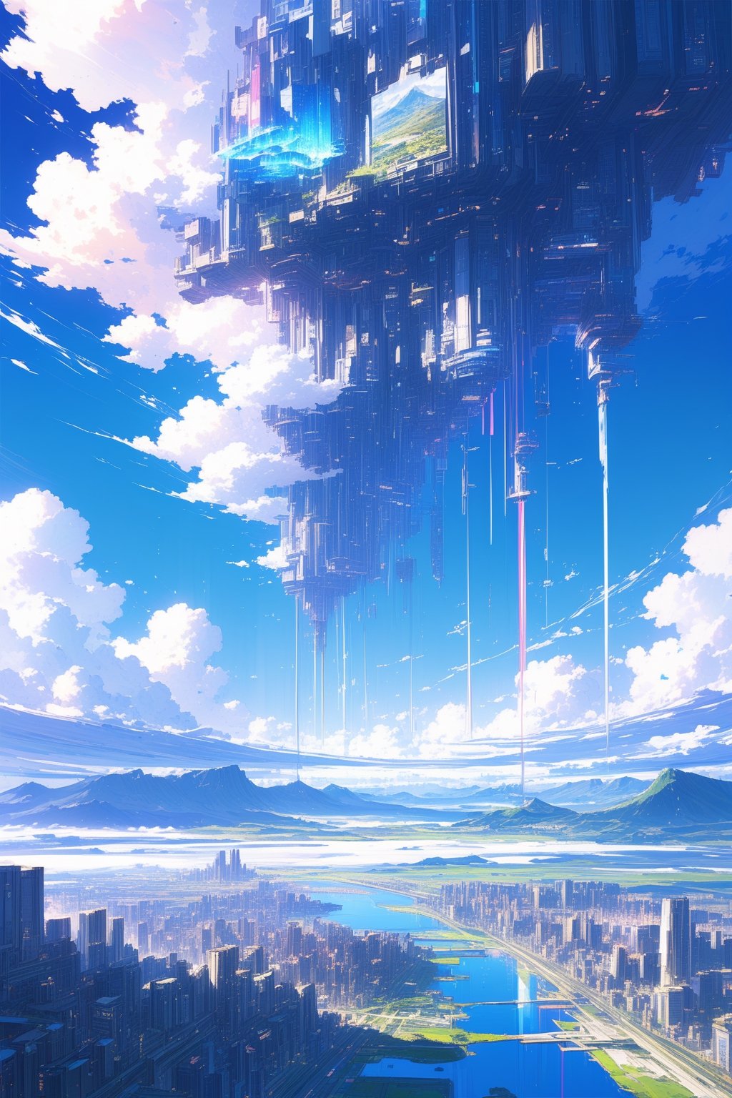 //Quality, (Masterpiece:1.4), (Detailed), ((Best Quality),/(Caliphos:1.4), (Floating City, Sky Floating City Landscape: 1.4), (Reflections, Mountains, Field: 1.4), Landscape, (Horizontal: 1.3), Surreal Elements, Glitch, (Data Code:1.3), (Glitch Effect:1.3), (Cyberpunk:1.2), 1girl, (Short Twin Tail), (White:1.3), (Bluehead:1.1), (Wide_shot:1.4), mid_shot