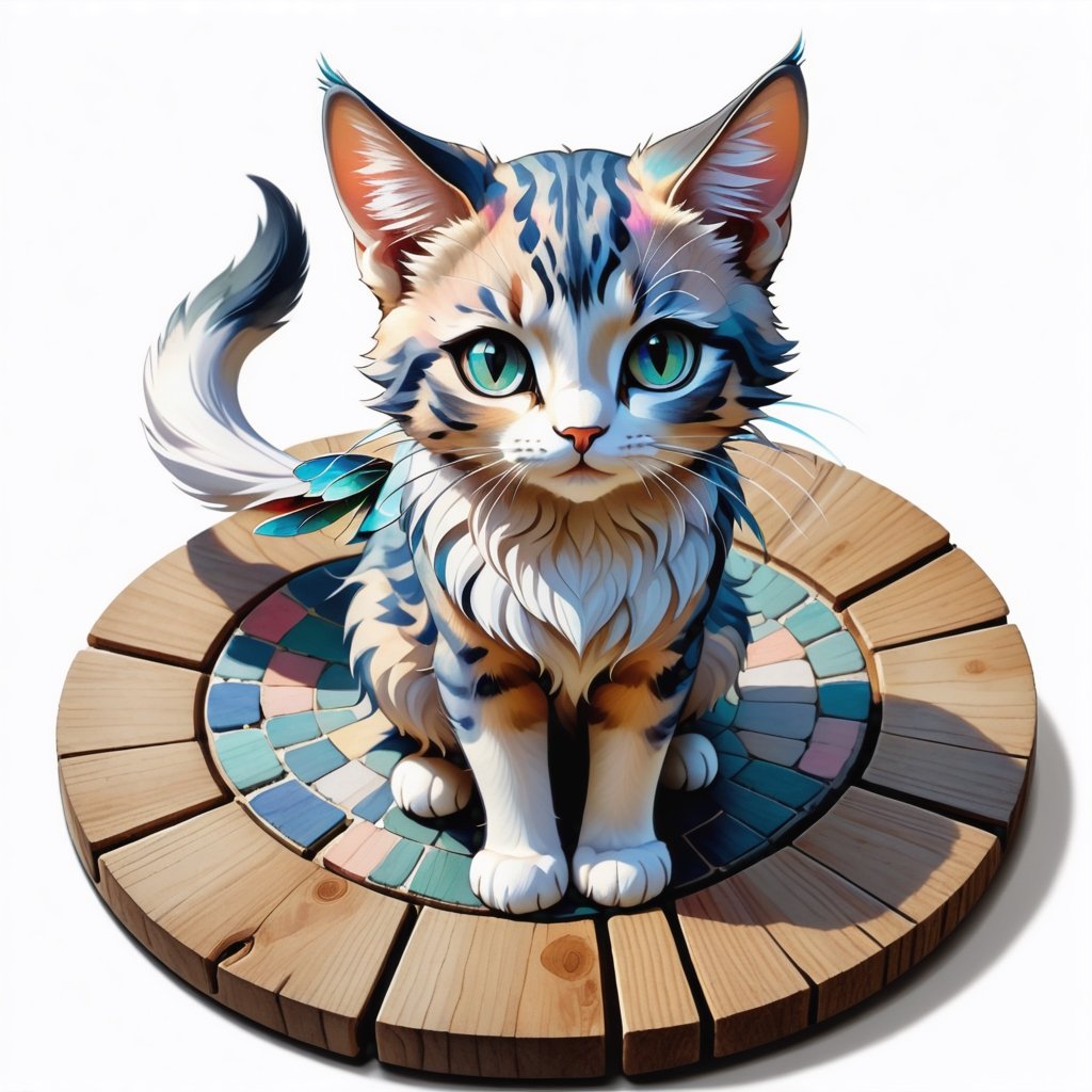 Cat Fairy Portrait Standing on Wooden Plates on Round Stone Pavement, Close Shot (CS), Standing, Looking Straight | (White Background: 1.2), Simple Background | Medieval, Pastel Mute Color, Digital Art, 8K Resolution, Super Quality, Watercolor, Trendy at Art Station, Complex Details, Very Detailed, Greg Rutkowski