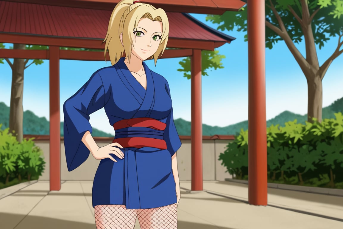 TsunadeSenju, 4k, absurd, high resolution, very high resolution, high definition, masterpiece, 1girl, solo, looking at viewer, smile, blonde hair, brown eyes, closed mouth, ponytail, outdoors, japanese clothes, day, kimono, tree, hand on hip, sash, fishnets, nature, ninja, short kimono, (lora:EMS-401777-EMS:0.800000)
