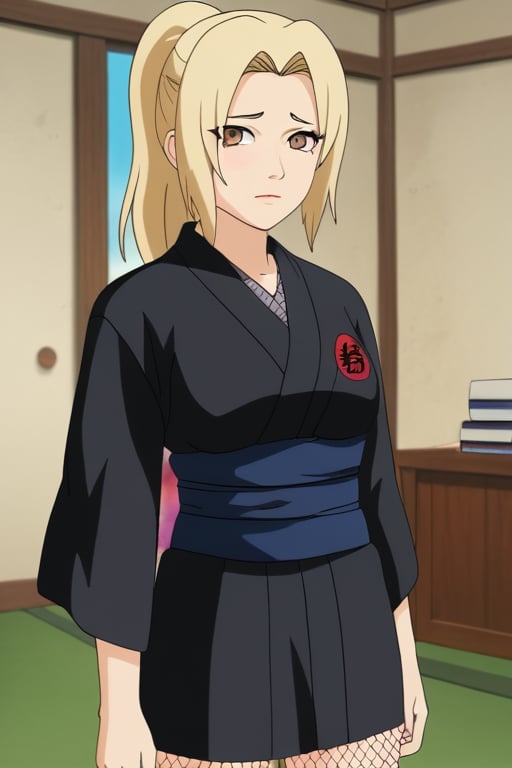 TsunadeSenju, 4k, absurd, high resolution, very high resolution, high definition, masterpiece, 1girl, solo, looking at viewer, blonde hair, parted bangs, brown eyes, closed mouth, ponytail, indoors, black kimono, sad face,  sash, fishnets, ninja, short kimono, (lora:EMS-401777-EMS:0.800000)
