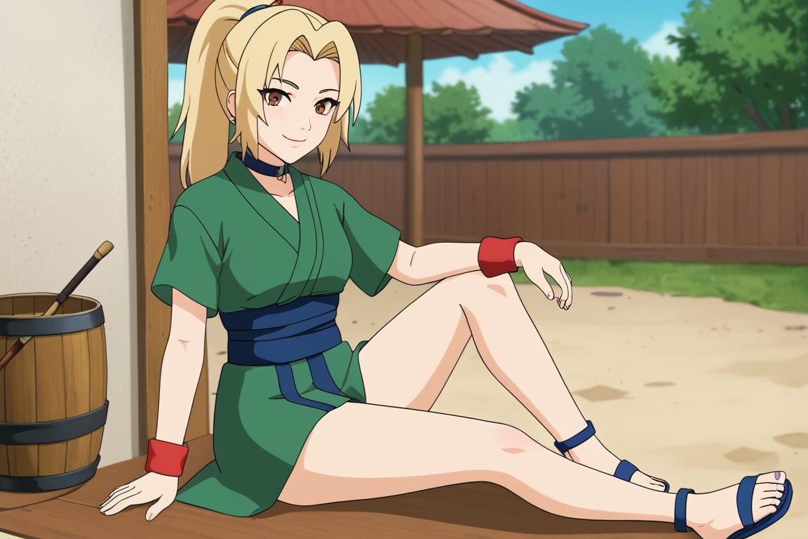 TsunadeSenju, 4k, absurd, high resolution, very high resolution, high definition, masterpiece, 1girl, solo, looking at viewer, smile, blonde hair, brown eyes, closed mouth, ponytail, outdoors, she wore green mesh shirt and over it a green-coloured kimono with short sleeves and red-lining around the collars which she secured with a blue sash. She also wore red wristbands and white wrapping over her calves with blue sandals., (lora:EMS-401777-EMS:0.800000), younger