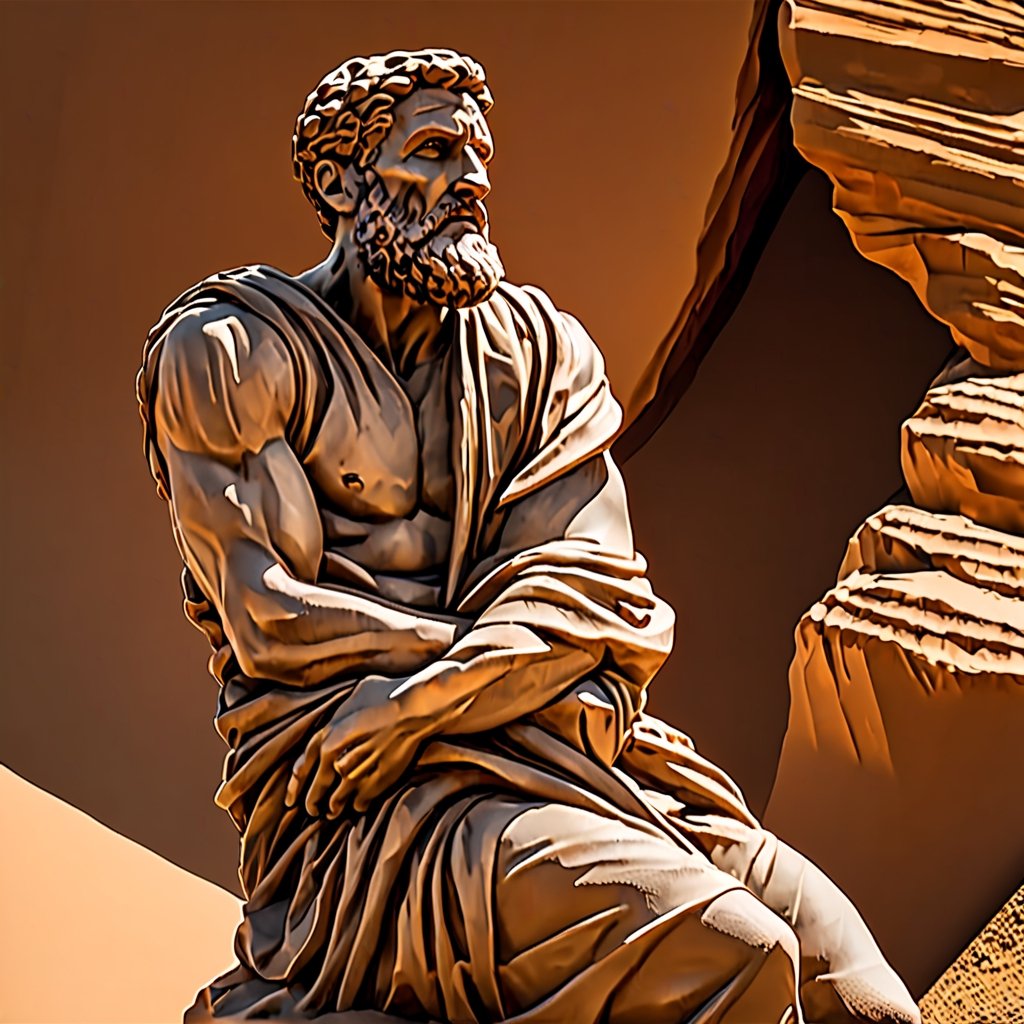 Stoic mascular bearded man statue in dark mood cinematic light
with ancient greek heavy pillers arounded and anarow leef, ((( michelangelo_ bounarroti art_style))), statue, desolation, hd, 16 k, ultra quality , Great Thinker Statue, in desert (mad max fury road style), half of statue is under red brown sands and half is out of sands, the statue somehow rotated toward sands looks like he is hoplessly thinking while heads down and thinking in relaxing disappointment, face looks tired but calm, detailed face, the sands and desert are looking infinite with copper rays of sunset,  ,scenery, 