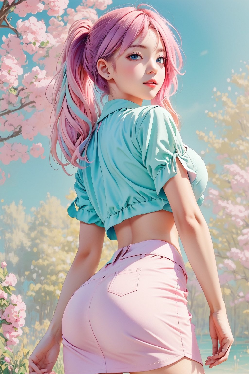 (1girl:1.2,), (masterpiece:1.4, best quality), huge breasts, unity 8k wallpaper, ultra detailed, (pastel colors:1.3), alluring pose, upper body, ass, beautiful and aesthetic, crop top white, pencil skirt pink, detailed, solo , facing camera