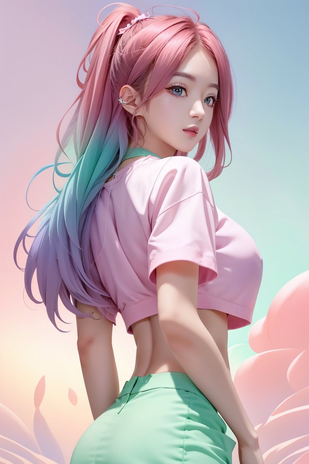 (1girl:1.2,), (masterpiece:1.4, best quality), huge breasts, unity 8k wallpaper, ultra detailed, (pastel colors:1.3), alluring pose, upper body, ass, beautiful and aesthetic, crop top white, pencil skirt pink, detailed, solo 