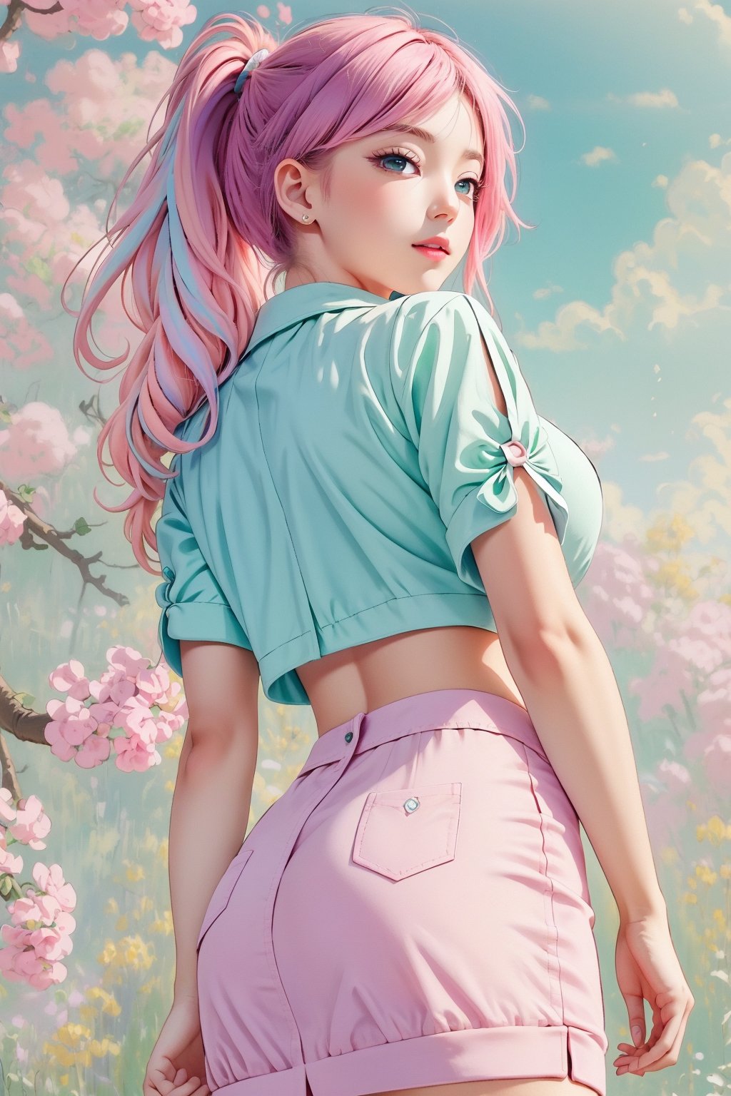 (1girl:1.2,), (masterpiece:1.4, best quality), huge breasts, unity 8k wallpaper, ultra detailed, (pastel colors:1.3), alluring pose, upper body, ass, beautiful and aesthetic, crop top white, pencil skirt pink, detailed, solo 