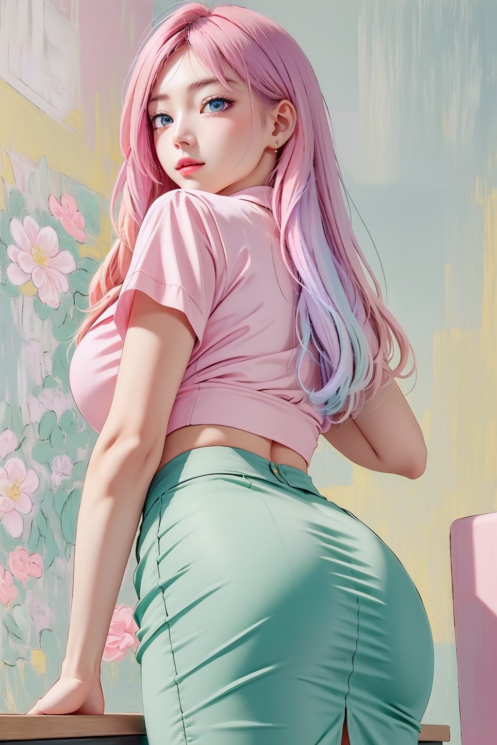 (1girl:1.2,), (masterpiece:1.4, best quality), huge breasts, unity 8k wallpaper, ultra detailed, (pastel colors:1.3), alluring pose, upper body, ass, beautiful and aesthetic, office top white, pencil skirt pink, detailed, solo 