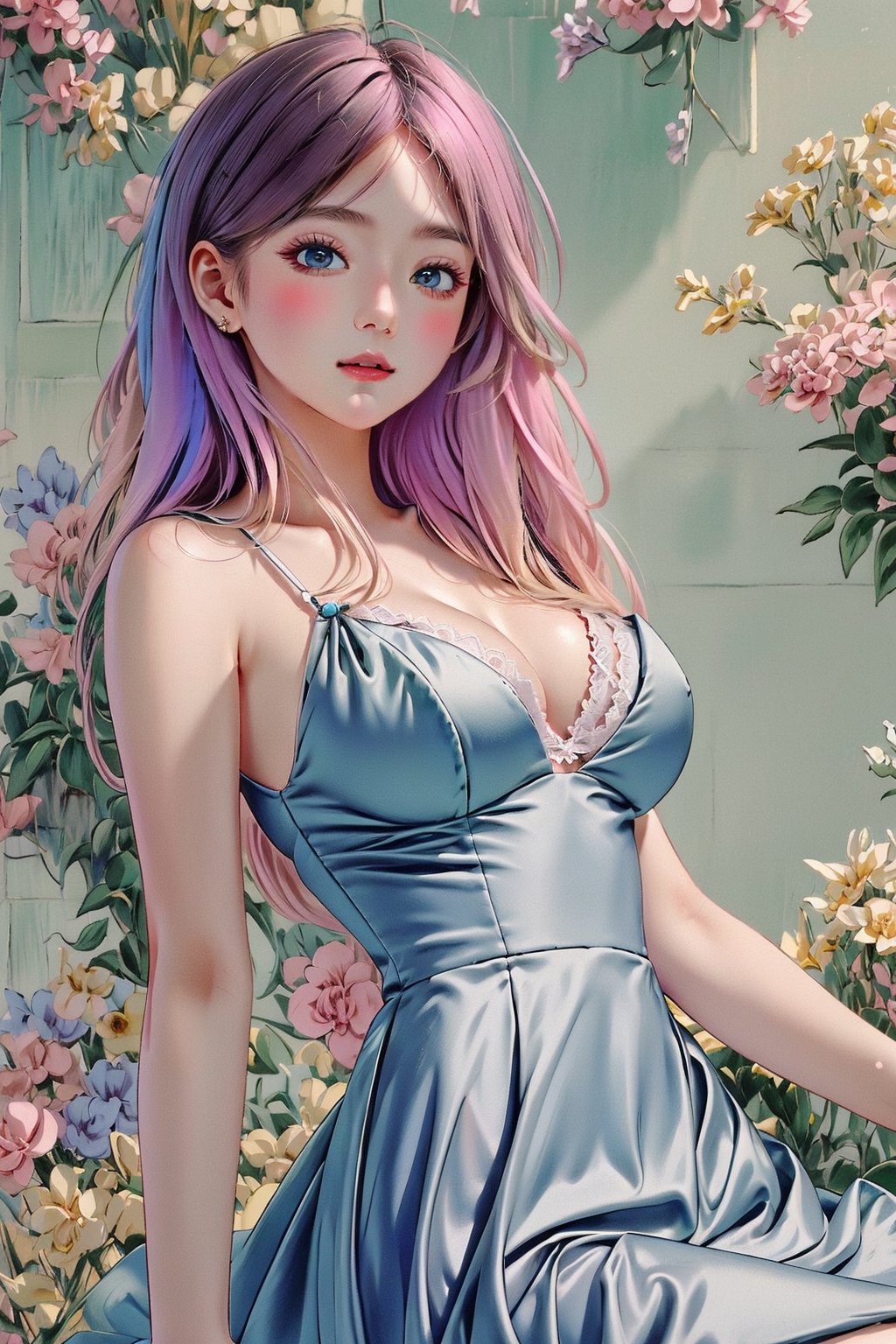 (1girl:1.2,), (masterpiece:1.4, best quality), huge breasts, unity 8k wallpaper, ultra detailed, (pastel colors:1.3), alluring pose, beautiful and aesthetic, satin gown, detailed, solo , facing camera