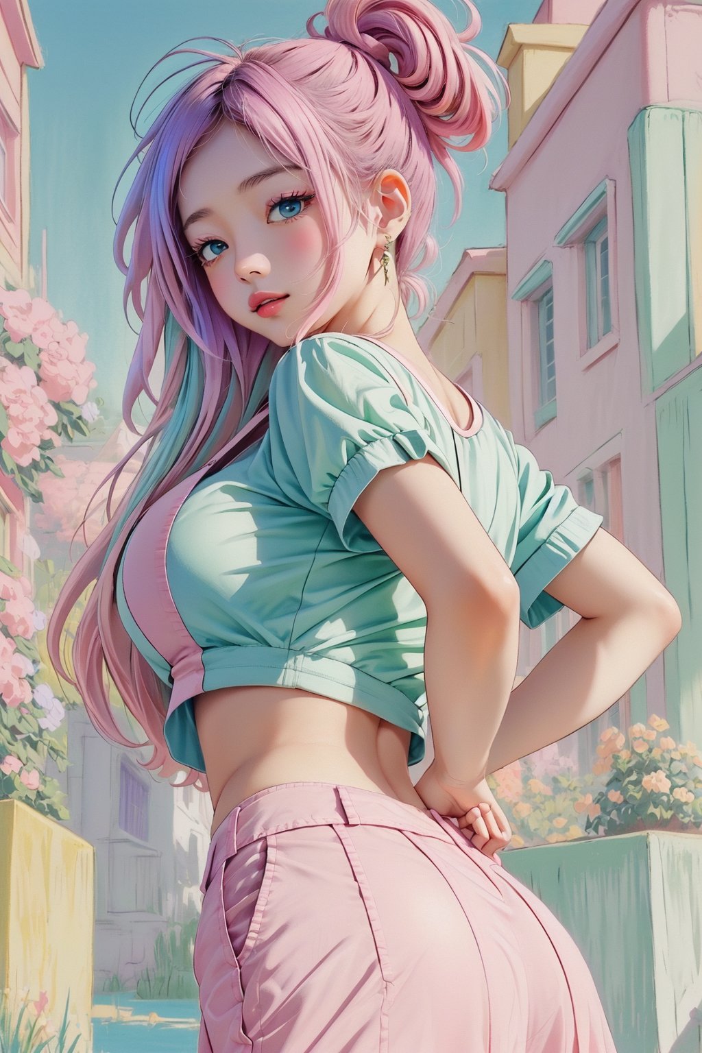 (1girl:1.2,), (masterpiece:1.4, best quality), huge breasts, unity 8k wallpaper, ultra detailed, (pastel colors:1.3), alluring pose, upper body, ass, beautiful and aesthetic, crop top white, pencil skirt pink, detailed, solo 