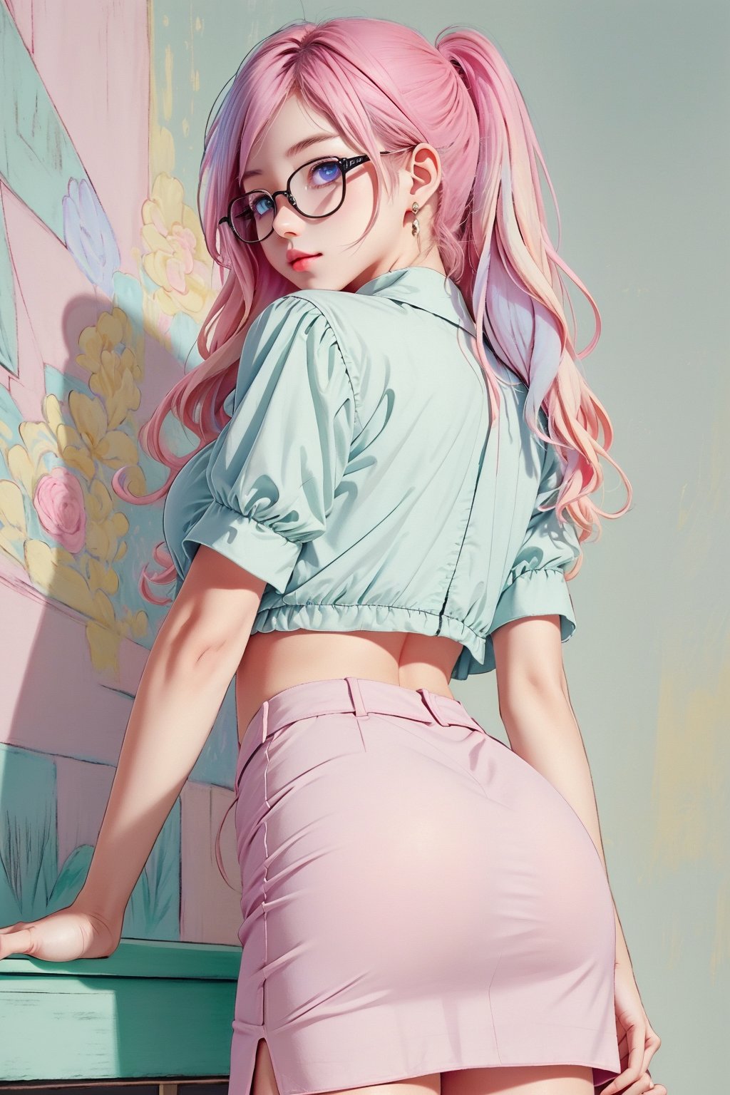 (1girl:1.2,), (masterpiece:1.4, best quality), huge breasts, unity 8k wallpaper, ultra detailed, (pastel colors:1.3), alluring pose, upper body, ass, beautiful and aesthetic, office top white, pencil skirt pink, detailed, solo , glasses