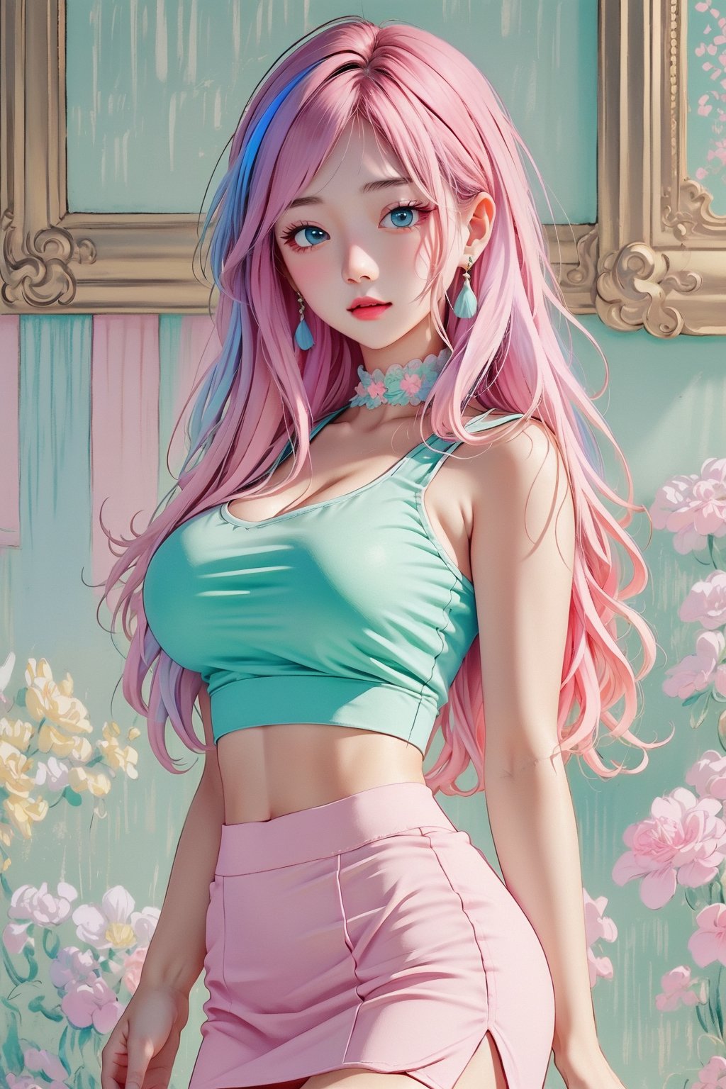 (1girl:1.2,), (masterpiece:1.4, best quality), huge breasts, unity 8k wallpaper, ultra detailed, (pastel colors:1.3), alluring pose, beautiful and aesthetic, crop top white, pencil skirt pink, detailed, solo , facing camera