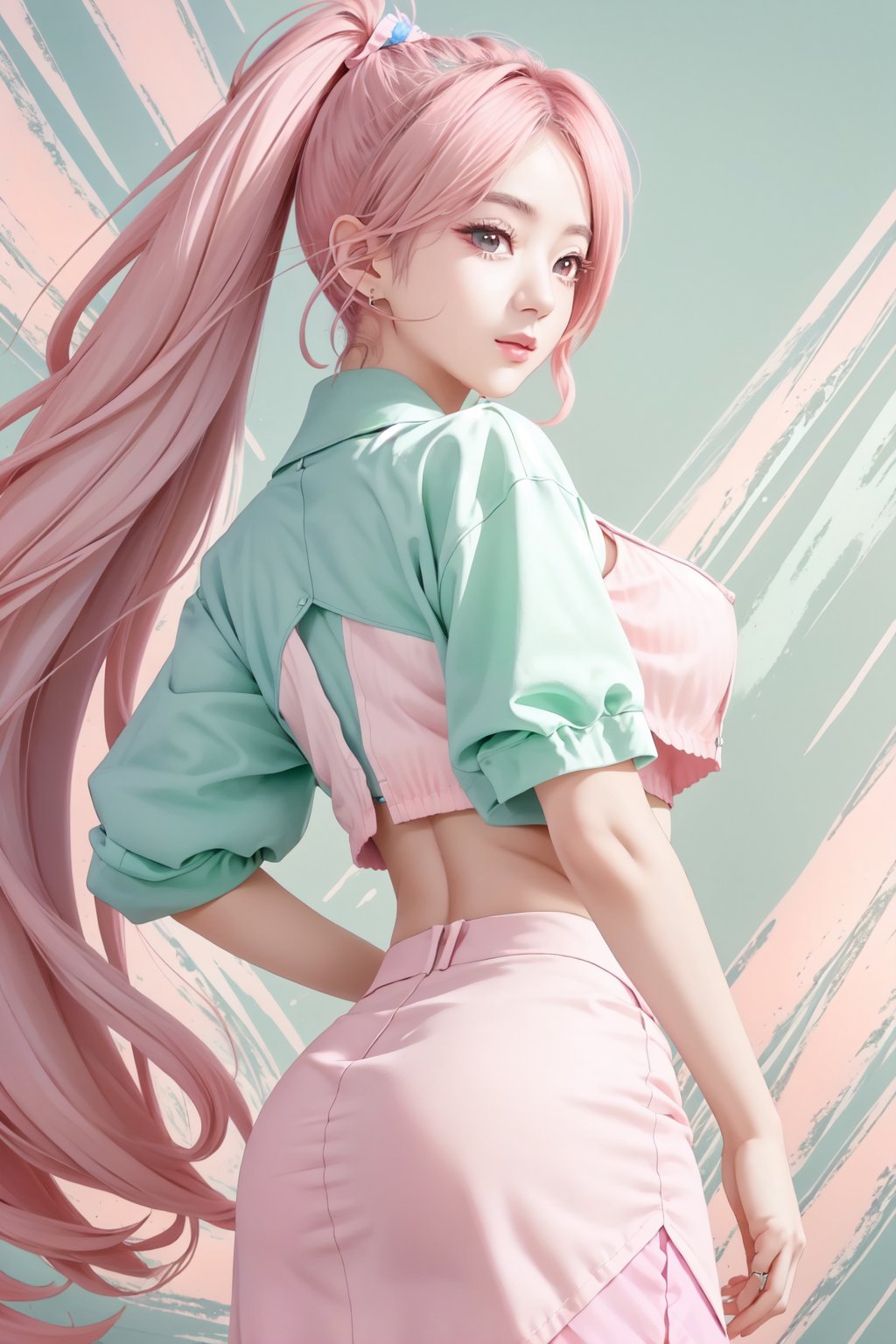 (1girl:1.2,), (masterpiece:1.4, best quality), huge breasts, unity 8k wallpaper, ultra detailed, (pastel colors:1.3), alluring pose, upper body, ass, beautiful and aesthetic, crop top white, pencil skirt pink, detailed, solo 