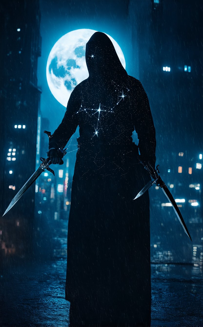 A mysterious shadow assassin blending into a moonlit cityscape, armed with dagger-star constellations ready to strike