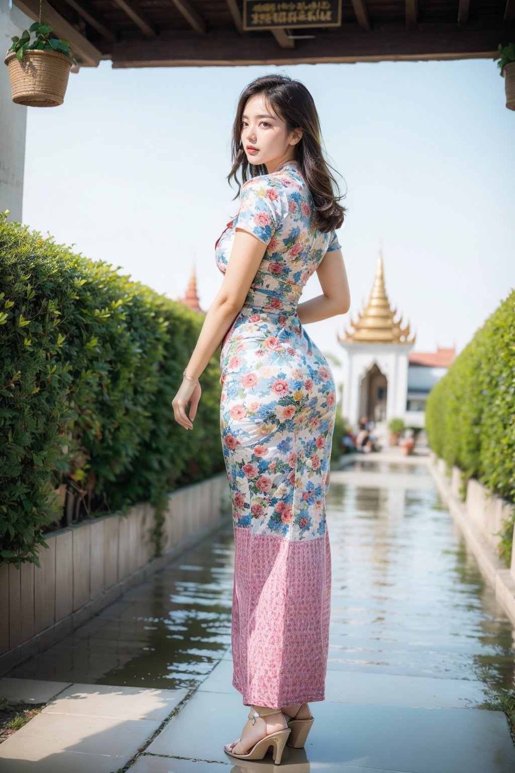 20 years old girl,{{best quality}}, {{masterpiece}}, {{ultra-detailed}}, {illustration}, {detailed light}, {an extremely delicate and beautiful}, messy floating hair, pink dress, standing and looking at the viewer,  feminine , depth of field,acmm ss outfit,Myanmar.view from behind, perfect buttock.full body.,perfect,masterpiece,Myanmar,milf,Nice legs and hot body