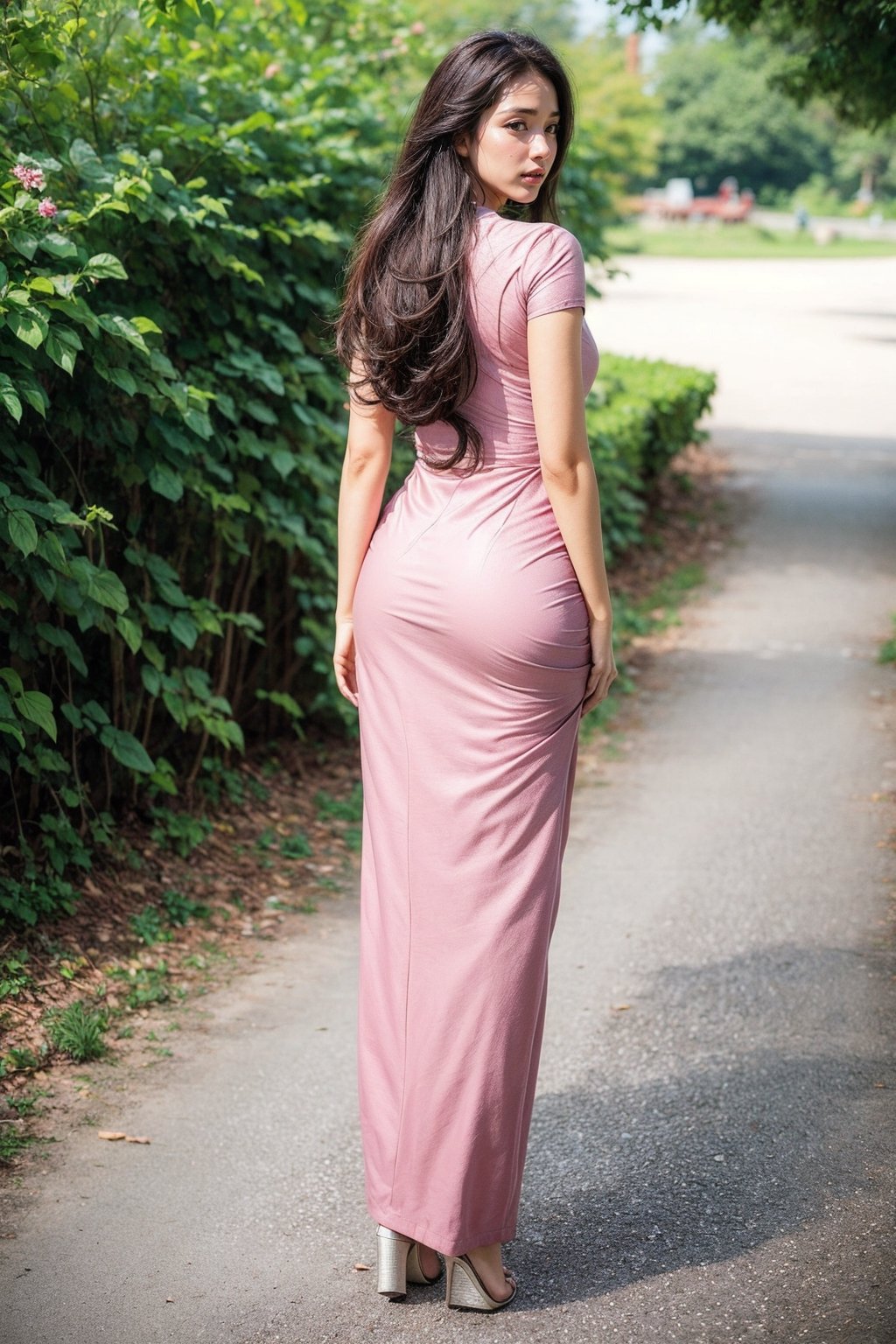 {{best quality}}, {{masterpiece}}, {{ultra-detailed}}, {illustration}, {detailed light}, {an extremely delicate and beautiful}, a girl,  messy floating hair,  feminine , depth of field,acmm ss outfit,Myanmar.
viewed from behind.slik dress . Soft pink colour..
Heels .full body. Good looking. Stand up pose.