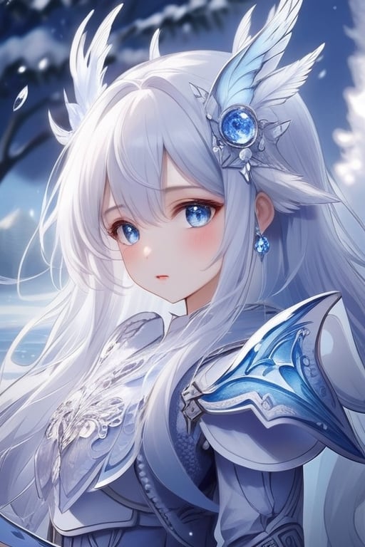 ((best quality)), ((masterpiece)), ((ultra-detailed)), extremely detailed CG, (illustration), ((detailed light)), (an extremely delicate and beautiful), a girl, solo, ((upper body,)), ((cute face)), expressionless, (beautiful detailed eyes), blue dragon eyes, (Vertical pupil:1.2), white hair, shiny hair, colored inner hair, (Dragonwings:1.4), [Armor_dress], blue wings, blue_hair ornament, ice adorns hair, [dragon horn], depth of field, [ice crystal], (snowflake), [loli], [[[[[Jokul]]]]]