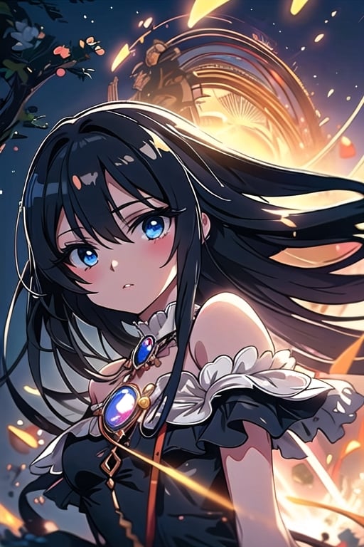 1 girl,out doors, night time black long hair,blue eyes,expressionless 