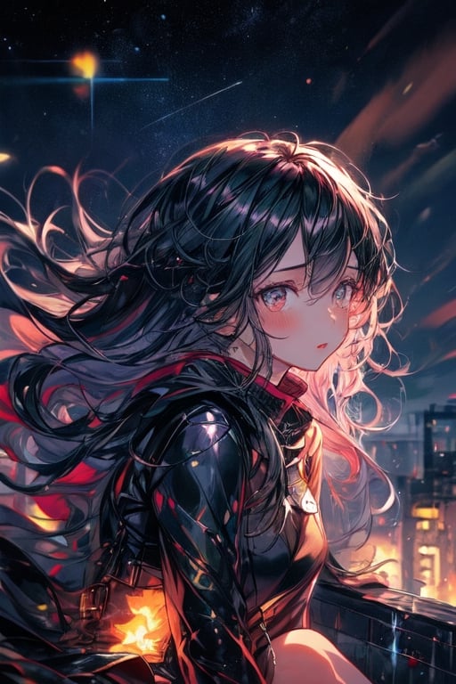 1girl,solo,black long hair,sitting on roof top,sad,wind blowing,hair flying, night time full of stars,firefliesfireflies,Magic Forest,score_9_up,pastelbg