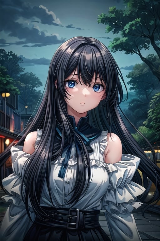 1 girl,out doors, night time black long hair,blue eyes,expressionless 