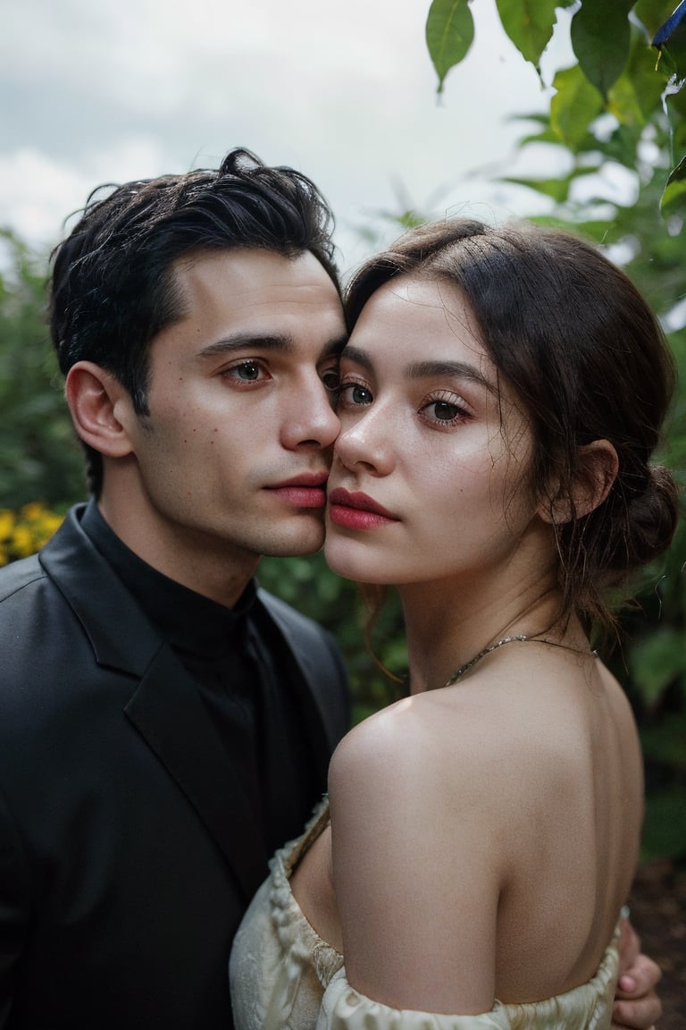 a young man and a middle-aged woman walking together at garden trail, holding hands, about to kiss, looking into each other’s eyes, tall, pretty, sexy, tuxedo, minidress, nighttime, full moon, moonlight, starry night, starflowers, detailed brown eyes, perfect nose, full lips, highly detailed face, promising, shining, loving feeling, (ultrarealistic, hyperrealistic, photorealistic, ultradetailed), 32K UHD resolution, (visible skin details, highly detailed skin, realistic clothing deformation, natural material texture, material's natural reflection, clothing specularity, diffuse reflection), soft lighting, natural shadows, Subsurface Scattering, path tracing, Physically Based Rendering, Principled BSDF, V-ray render, redshift render engine, lumion render, (high quality, masterpiece, maximum detailed photo),