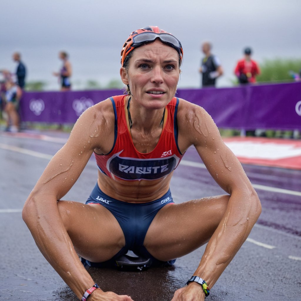 An amazing photograph of an Olympic female triathlete sitting at the finish line exhausted after a race. exhausted, dramatic, sweating_profusely, soaking wet, 8k, full body shot, looking at viewer