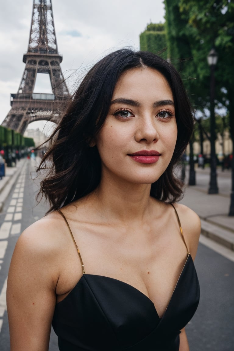 candid shot, half body view, a woman, beautiful, curvy, love handles, medium wavy hair, detailed eyes, detailed lips, seductive smile, detailedface, big breast, cleavage, (little black dress), ((high heels)), (walking on city street, paris, eiffel tower, cafe, buildings), looking at viewer, (ultrarealistic, ultradetailed), 32K UHD resolution, (visible skin details, highly detailed skin, realistic clothing deformation, natural material texture, material's natural reflection, clothing specularity, diffuse reflection), (soft lighting), path tracing, Physically Based Rendering, Principled BSDF, (high quality, masterpiece, best quality, maximum detailed photo)