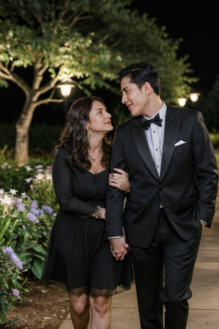 a young man and a middle-aged woman are walking together at garden trail. They are holding hands, looking into each other’s eyes and about to kiss. The man is tall and wearing tuxedo. The woman is pretty, sexy and wearing minidress. The scene is nighttime with full moon, moonlight, starry night and the garden filled with starflowers.